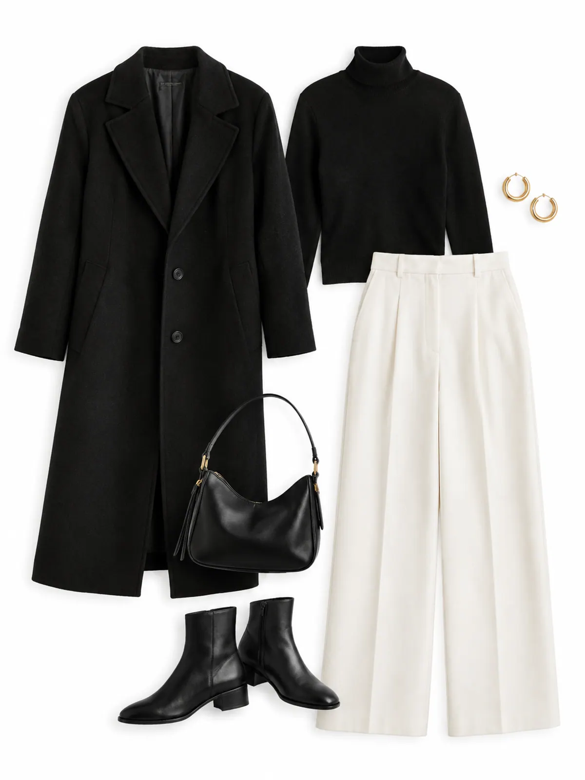 Classy winter outfit flat lay of a black turtleneck, winter white wide-leg wool trousers, a black wool coat, black ankle boots and gold hoops on dark slate