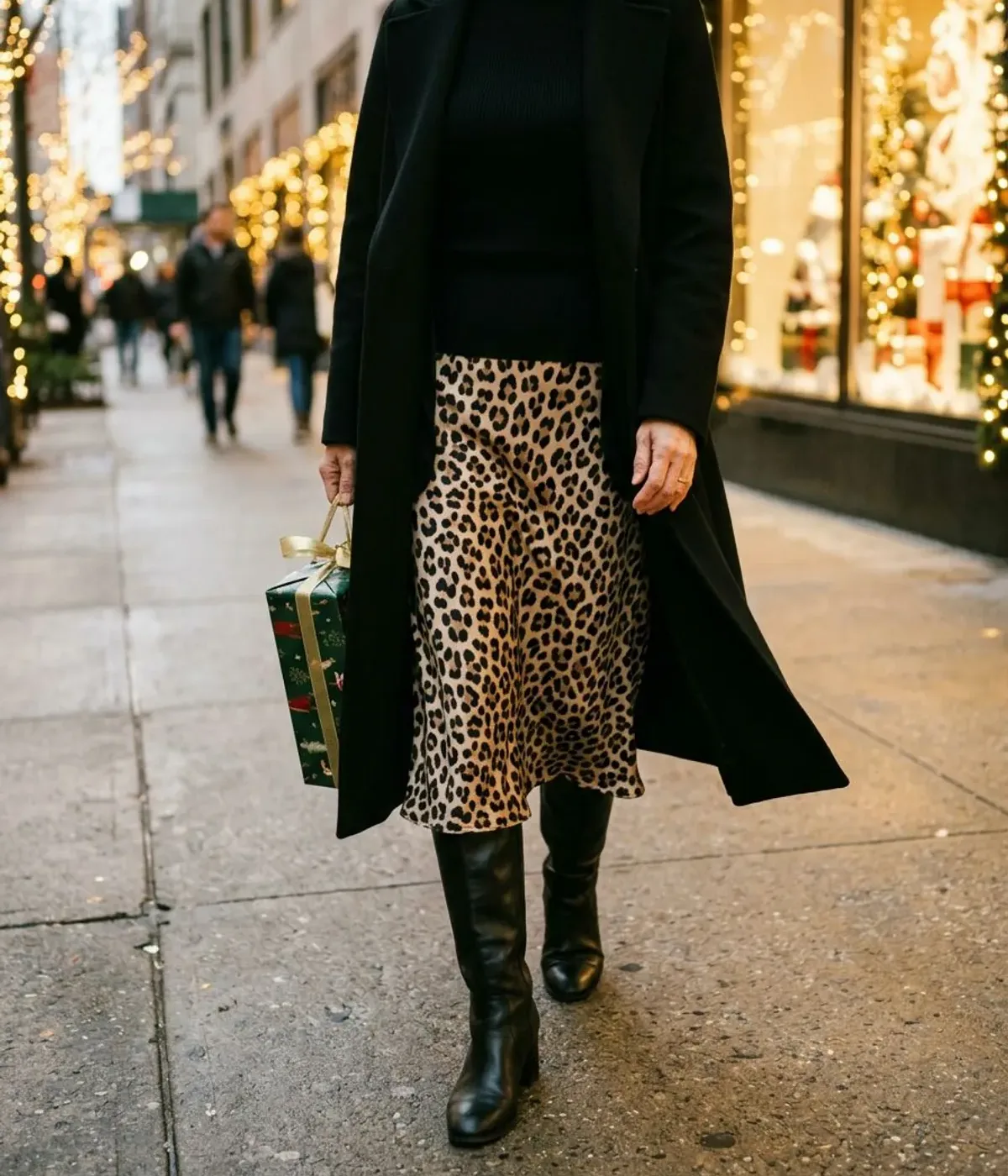 Neck-down view of a woman in her 50s on a city street under holiday lights wearing a leopard print satin midi skirt, black turtleneck, black knee boots and a long black coat
