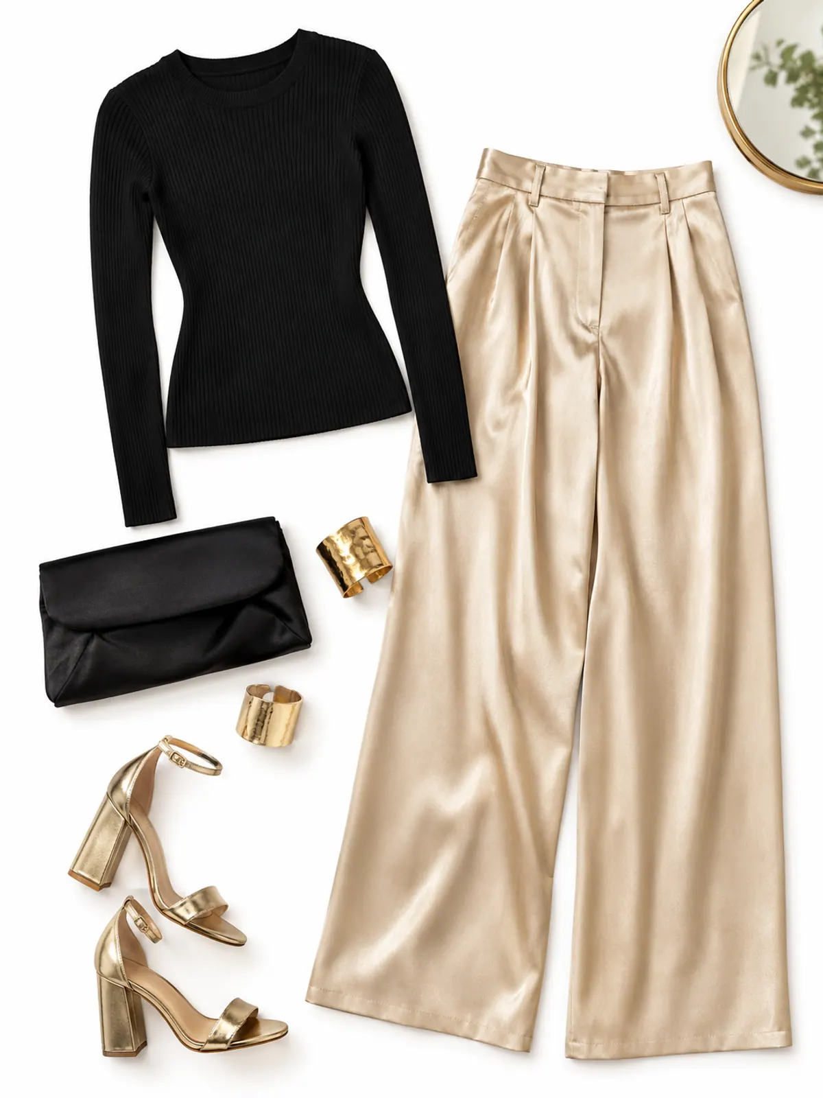 Cocktail party outfit flat lay with champagne satin wide-leg trousers, a fitted black ribbed top, gold block-heel sandals, a gold cuff and a black satin clutch on a walnut dresser