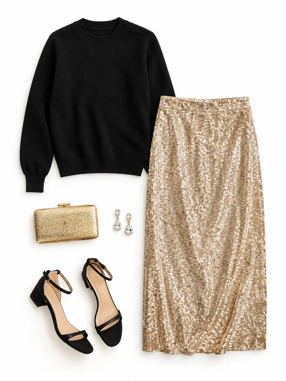 Cocktail party outfit flat lay with a champagne gold sequin midi skirt, black crewneck sweater, black block-heel sandals, gold clutch and crystal earrings on navy velvet