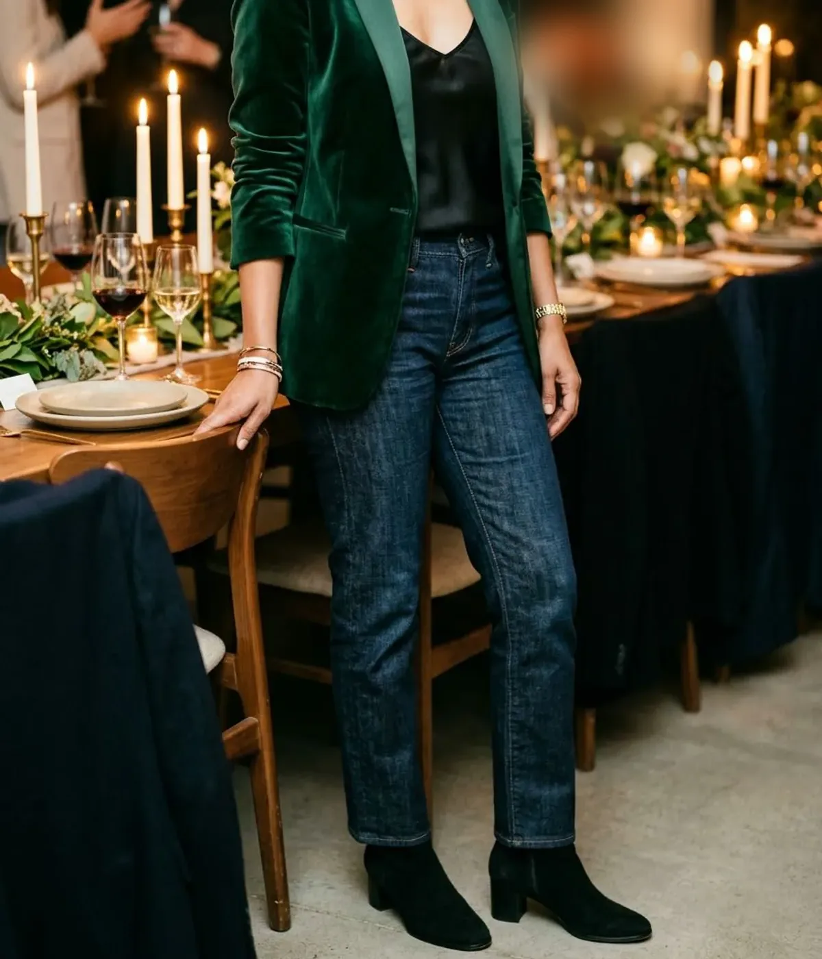 Neck-down view of a woman in her late 40s beside a candlelit table wearing an emerald velvet blazer, black silk camisole, dark straight jeans and black heeled ankle boots