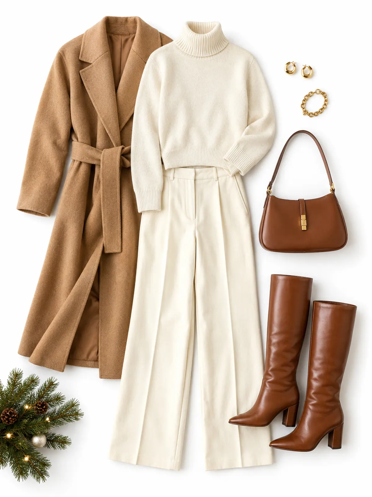 Winter white holiday dinner party outfit flat lay with cream wide-leg trousers, cream cashmere turtleneck, camel wrap coat, cognac boots and gold jewelry on a white wood floor