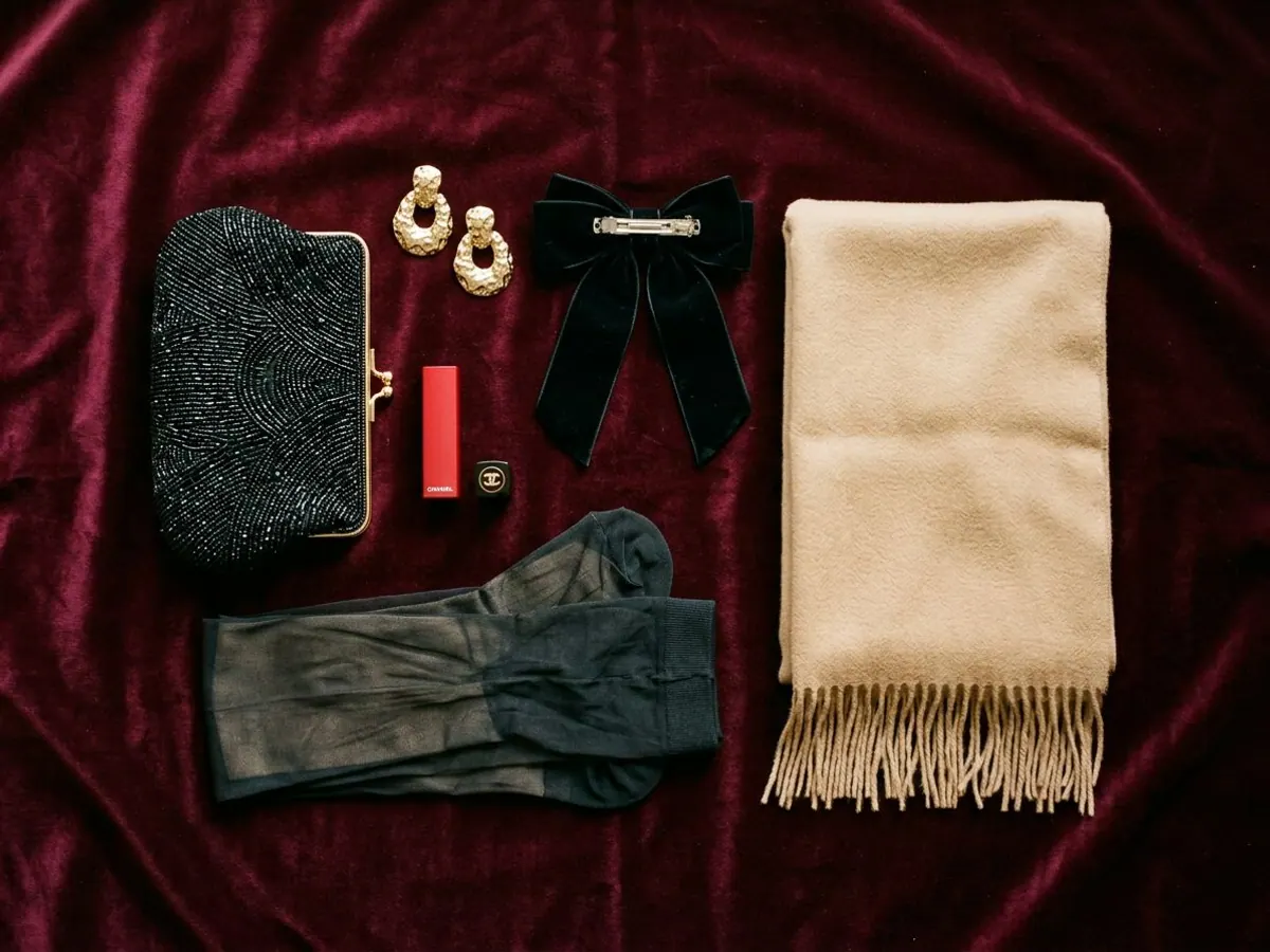 Holiday party accessories flat lay on burgundy velvet: gold statement earrings, black beaded clutch, sheer black tights, velvet hair bow and a camel cashmere wrap