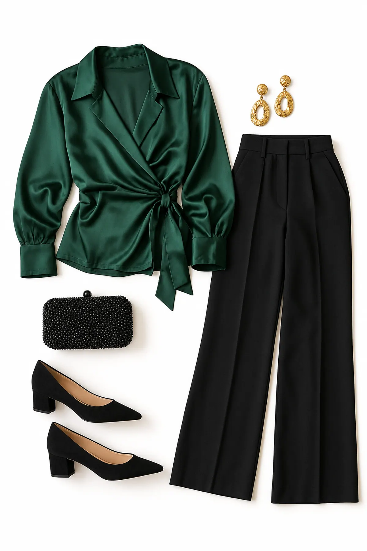 Holiday party outfit flat lay for women over 40: emerald satin wrap blouse, black wide-leg trousers, black suede block-heel pumps, gold earrings and a beaded clutch on dark slate with fir and brass ornaments