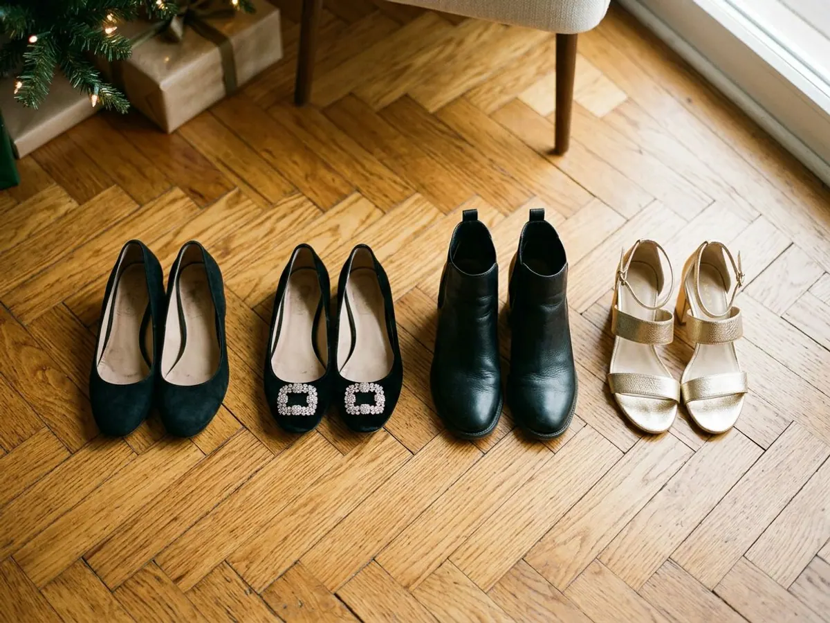 Comfortable holiday party shoes lined up on a wood floor: black suede block-heel pumps, embellished velvet flats, black heeled ankle boots and gold block-heel sandals