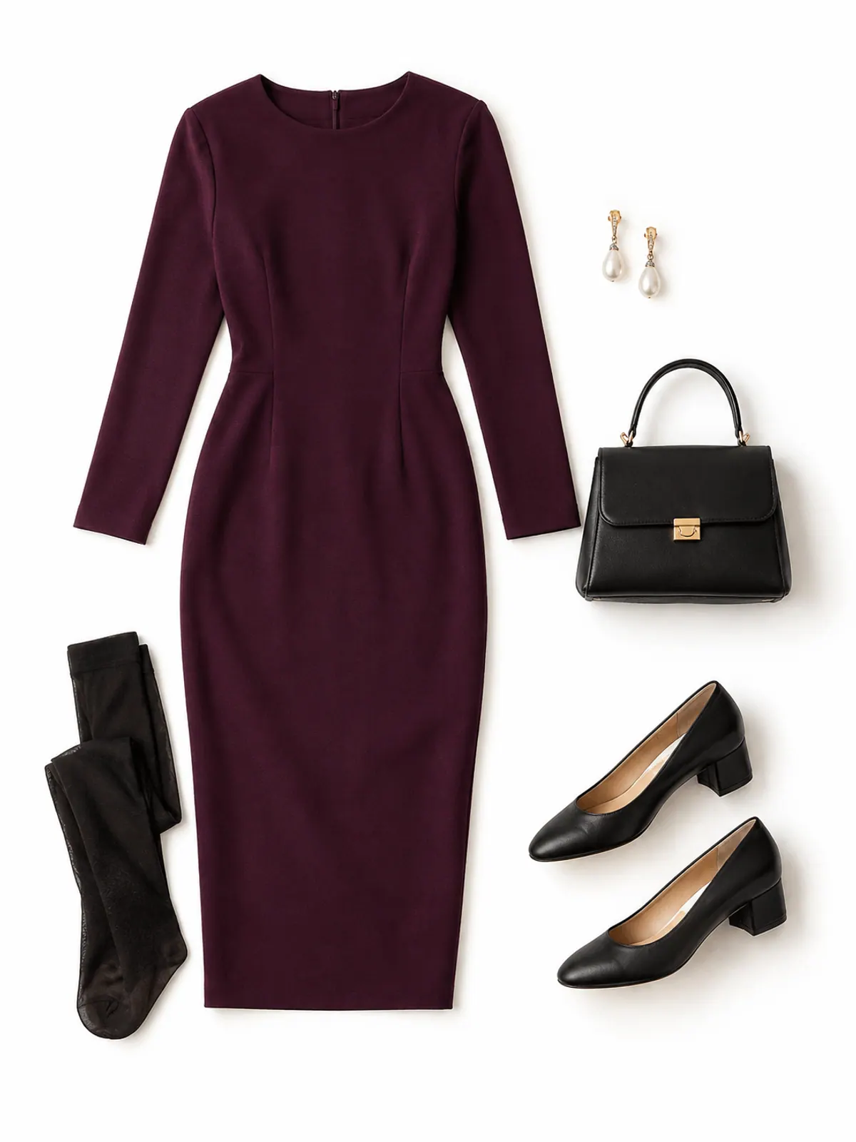 Office Christmas party outfit flat lay with a plum long-sleeve ponte midi dress, sheer black tights, black block-heel pumps, pearl drop earrings and a black bag on a cream blanket