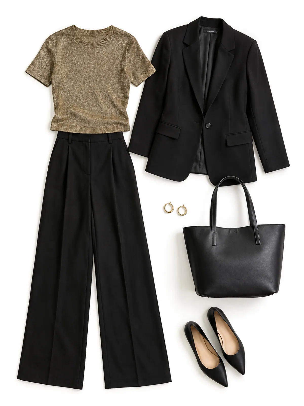 Work holiday party outfit flat lay with a gold metallic knit top, black wide-leg trousers, black blazer, black pointed flats and gold hoops on a white oak desk