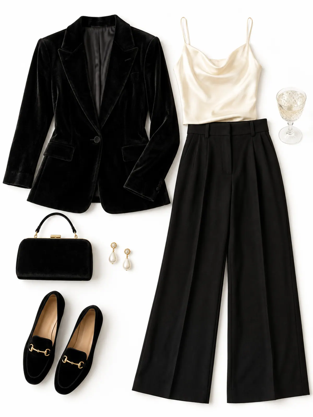 Old money evening outfit flat lay of a black velvet blazer, ivory silk camisole, black wide-leg trousers, black velvet slipper loafers and pearl drop earrings on white marble