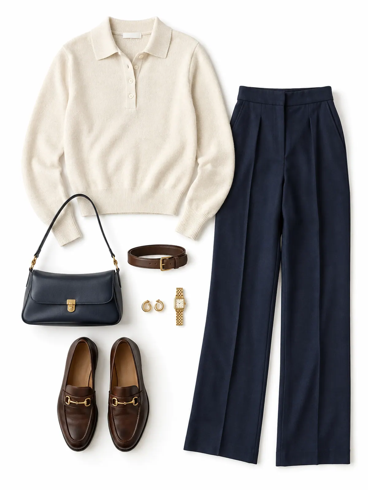 Old money outfit flat lay of a cream long-sleeve knit polo sweater, navy tailored trousers, brown bit loafers, a brown belt and a small navy shoulder bag on cream boucle