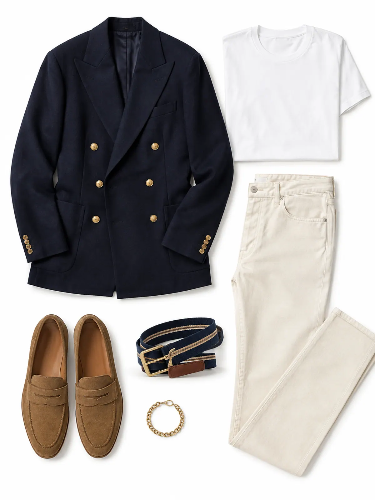 Old money outfit flat lay of a navy double-breasted blazer with gold buttons, a white crewneck tee, cream straight jeans, tan suede loafers and a striped canvas belt on grey marble