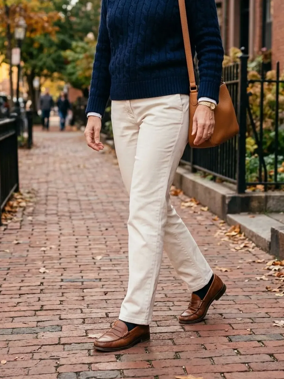 Neck-down view of a woman in her early 50s on a brick sidewalk in a navy cable-knit sweater with a white collar, cream straight trousers, brown penny loafers and a tan bag