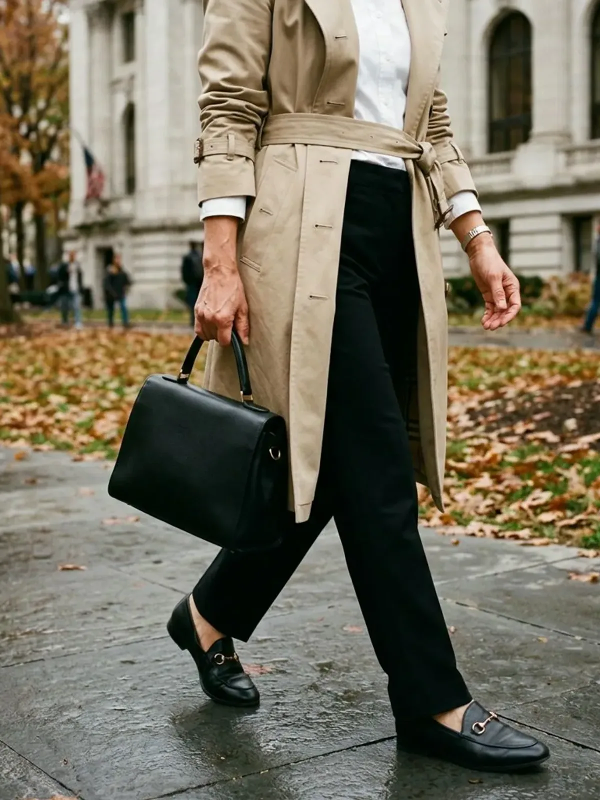 Neck-down view of a woman in her mid 50s by a stone building in a belted beige trench coat, white button-down shirt, black straight trousers and black loafers