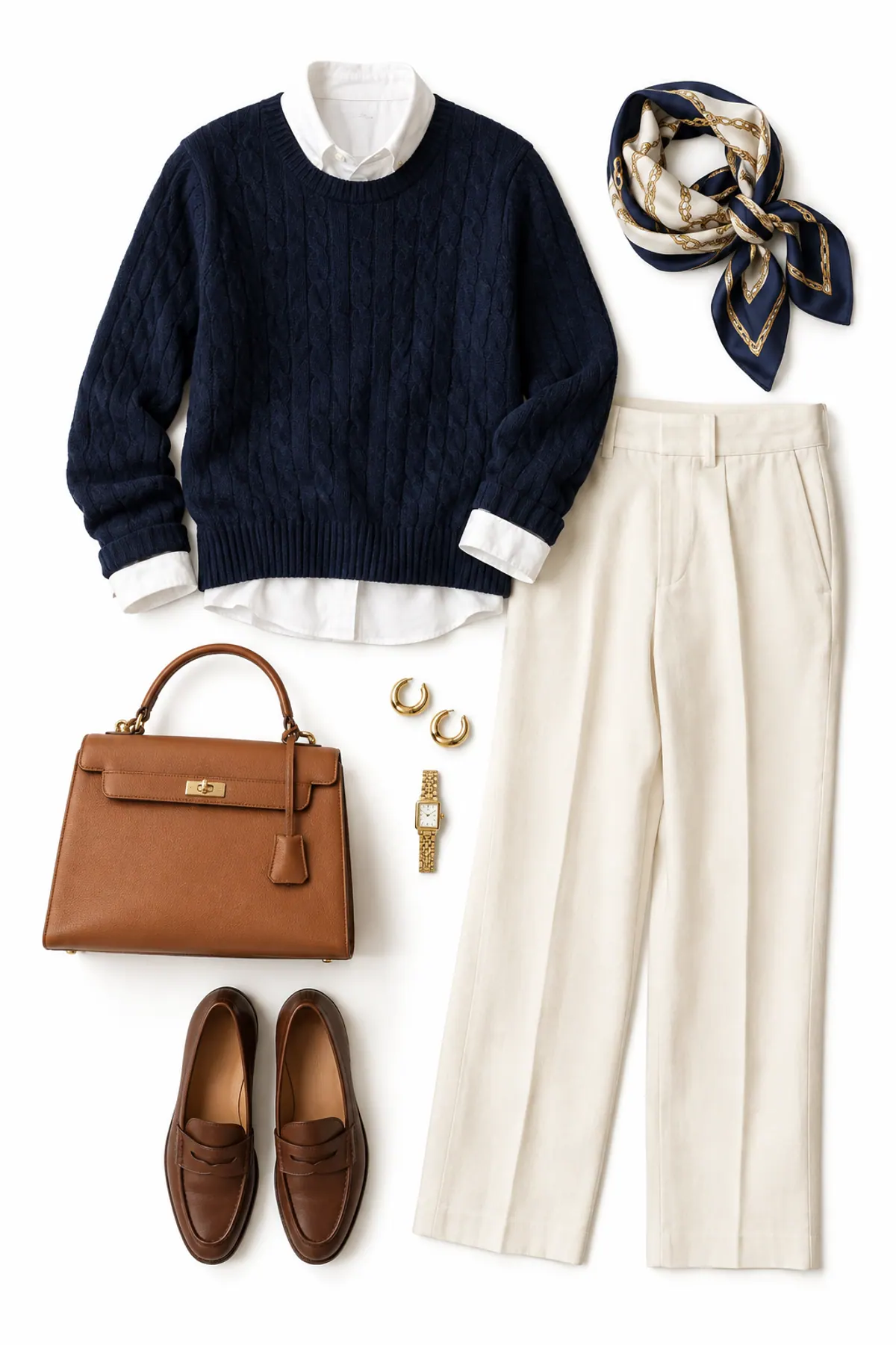 Old money outfits on a budget flat lay for women over 40: navy cable-knit sweater over a white oxford shirt, cream trousers, brown penny loafers, tan structured bag, silk scarf and gold hoops on cream linen