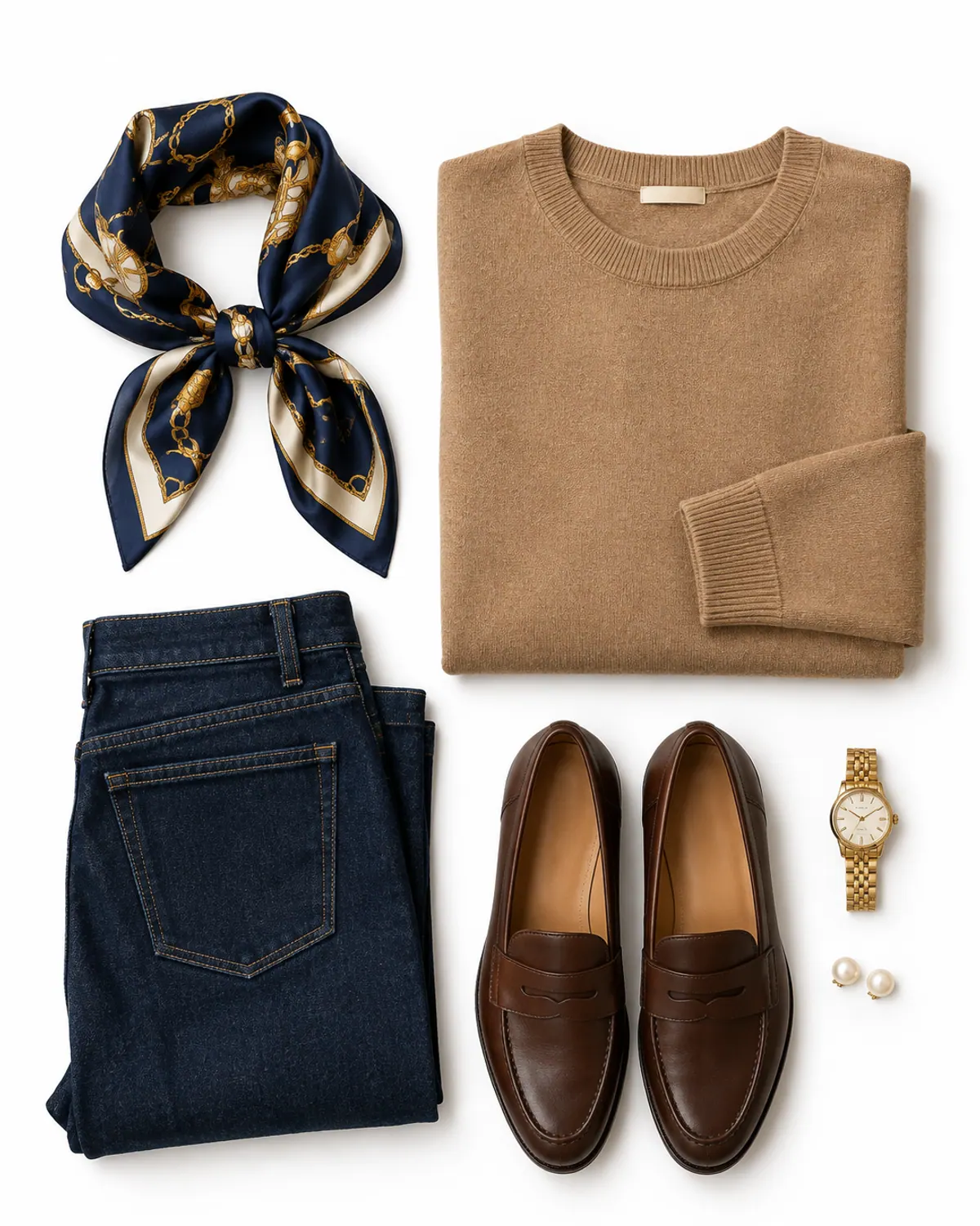 Old money accessories on a budget: a navy and gold silk square scarf, camel crewneck sweater, folded dark jeans, brown loafers, gold watch and pearl studs on white oak