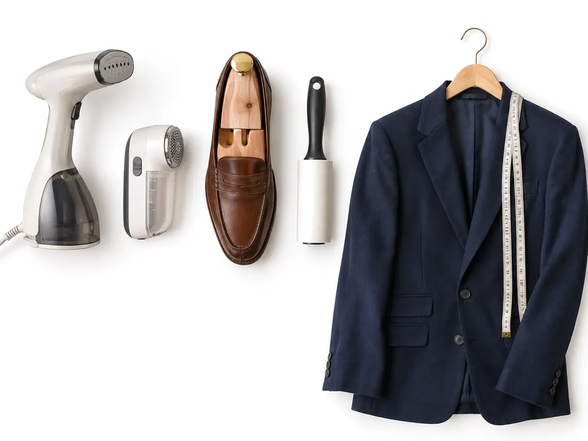 How to look expensive on a budget: a garment steamer, fabric shaver, cedar shoe tree in a brown loafer, lint roller, navy blazer on a wooden hanger and a tape measure on an oak dresser