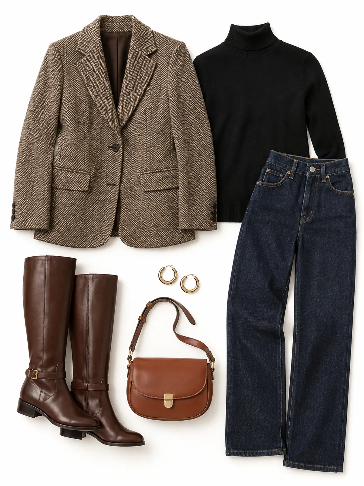 Old money winter outfit flat lay of a brown herringbone tweed jacket, black turtleneck, dark straight jeans, brown knee-high riding boots and a cognac crossbody bag on slate