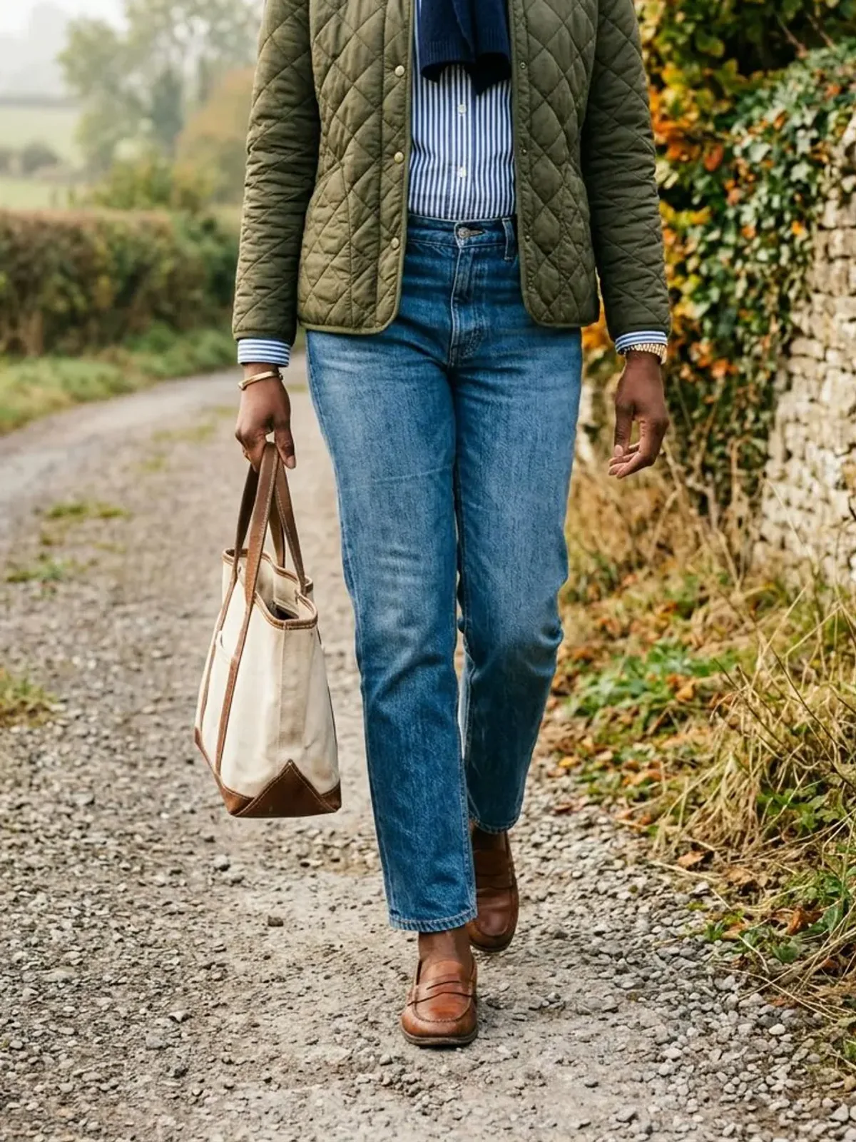 Neck-down view of a woman in her late 40s on a country lane in an olive quilted jacket, blue striped button-down shirt, straight jeans and brown loafers