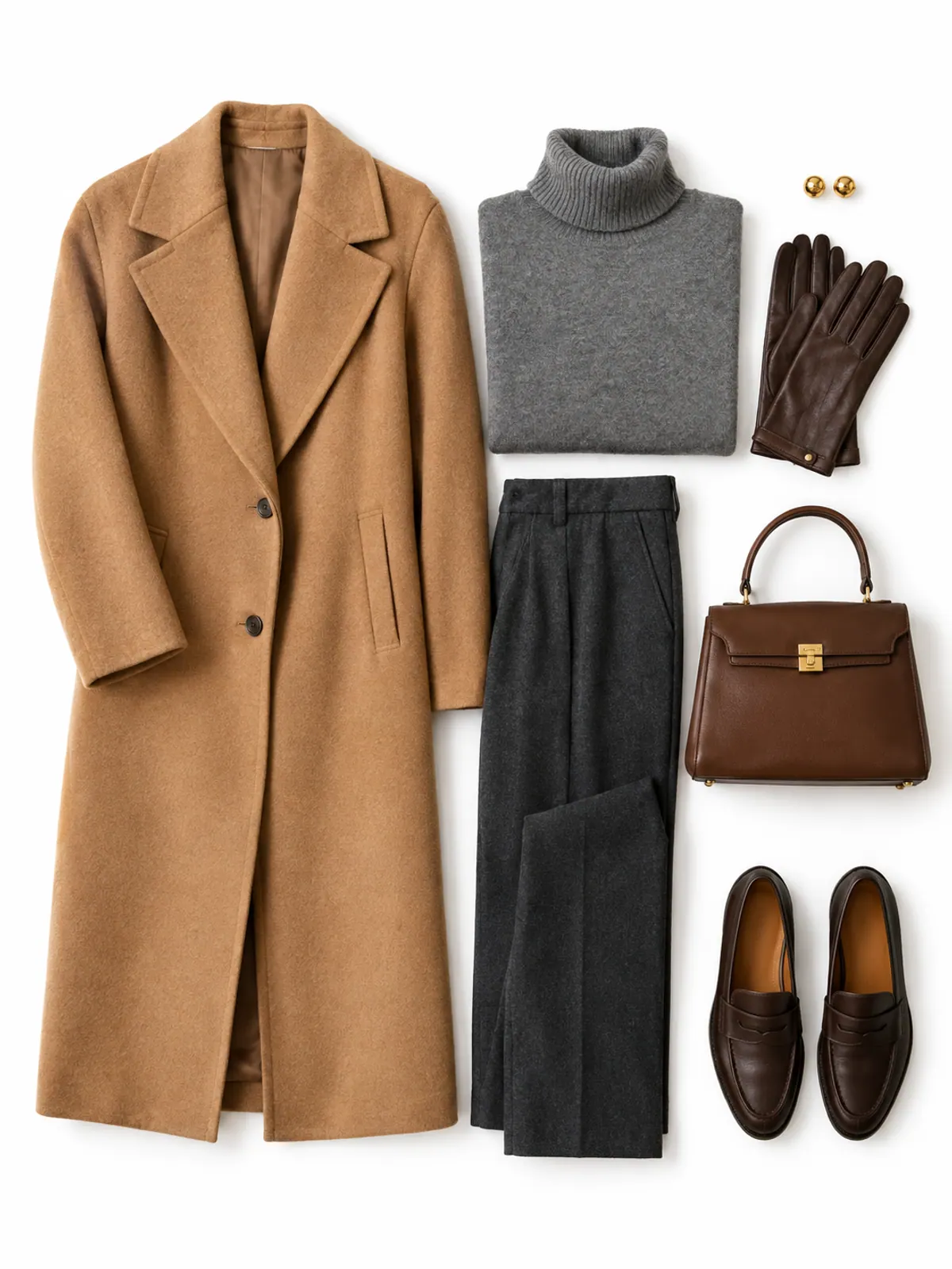 Old money winter outfit flat lay of a long camel wool coat, grey turtleneck, charcoal trousers, dark brown loafers, a brown top-handle bag and leather gloves on a green wool blanket