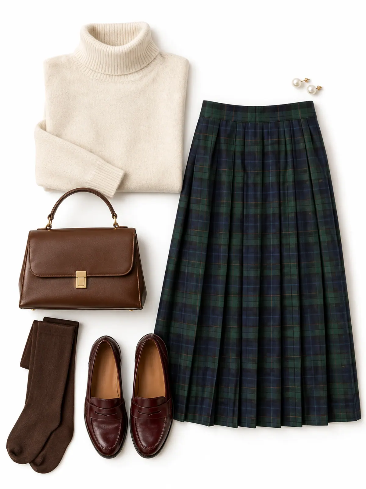 Old money winter outfit flat lay of a green and navy tartan pleated midi skirt, cream turtleneck, brown tights, burgundy loafers and a brown handbag on a walnut table
