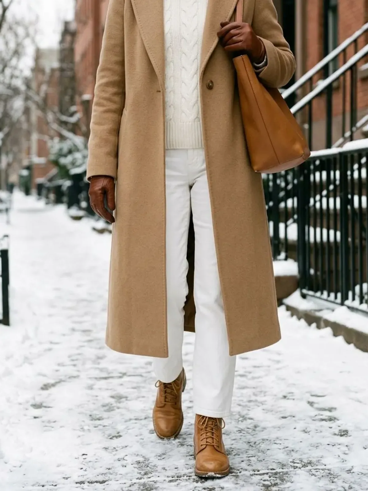 Neck-down view of a woman in her early 60s on a snowy street in an ivory cable sweater, winter white trousers, a long camel coat and tan ankle boots