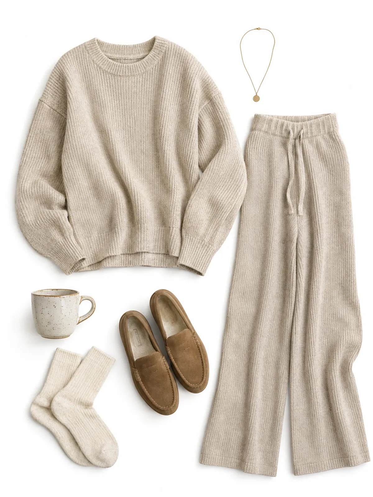 Cozy casual Thanksgiving outfit flat lay with an oatmeal ribbed knit sweater and wide-leg pants set, tan suede loafers, wool socks and a gold necklace on a knit throw