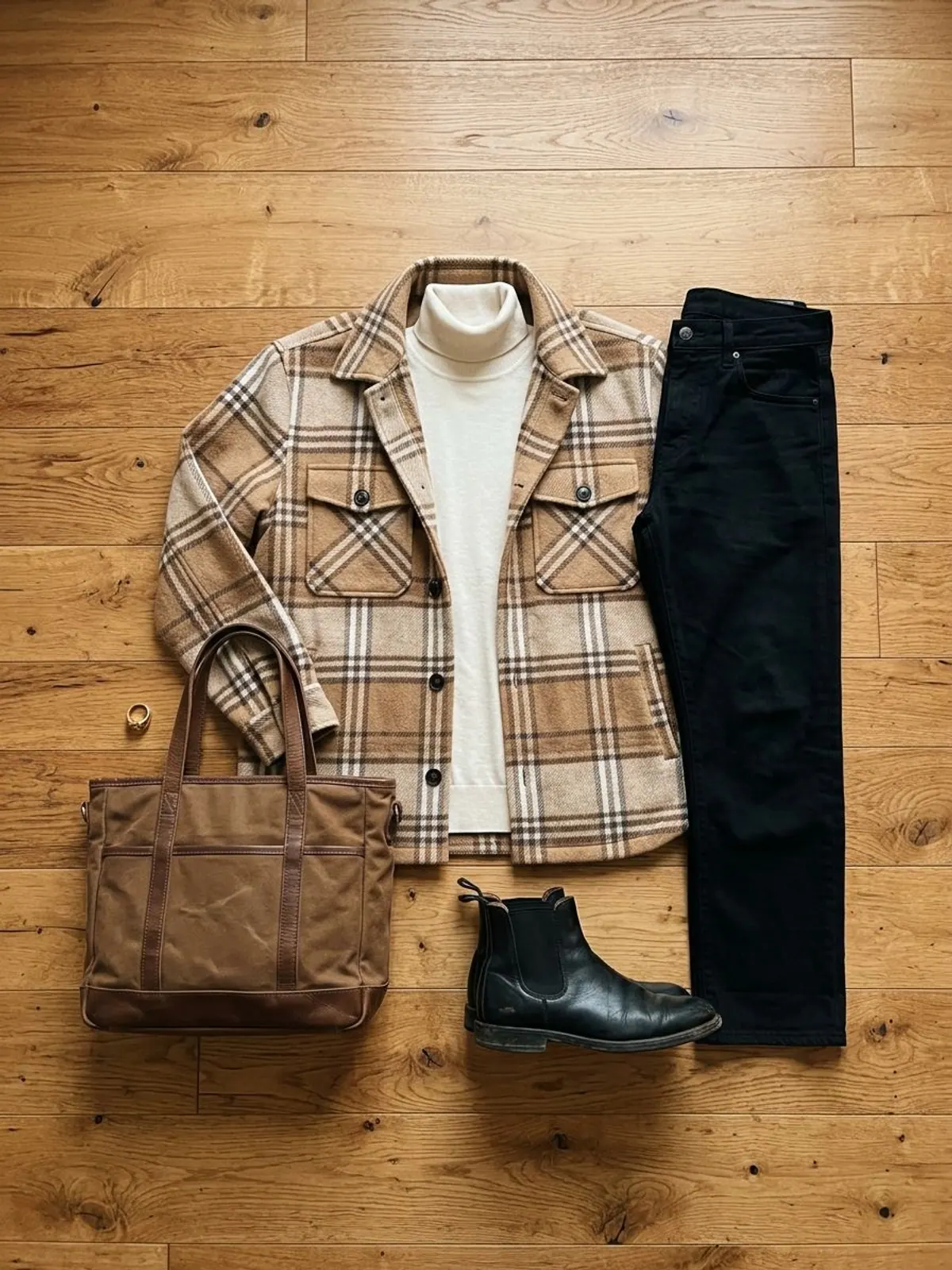 Friendsgiving outfit flat lay with a camel and brown plaid shirt jacket, cream turtleneck, black straight jeans, black Chelsea boots and a canvas tote on an oak floor