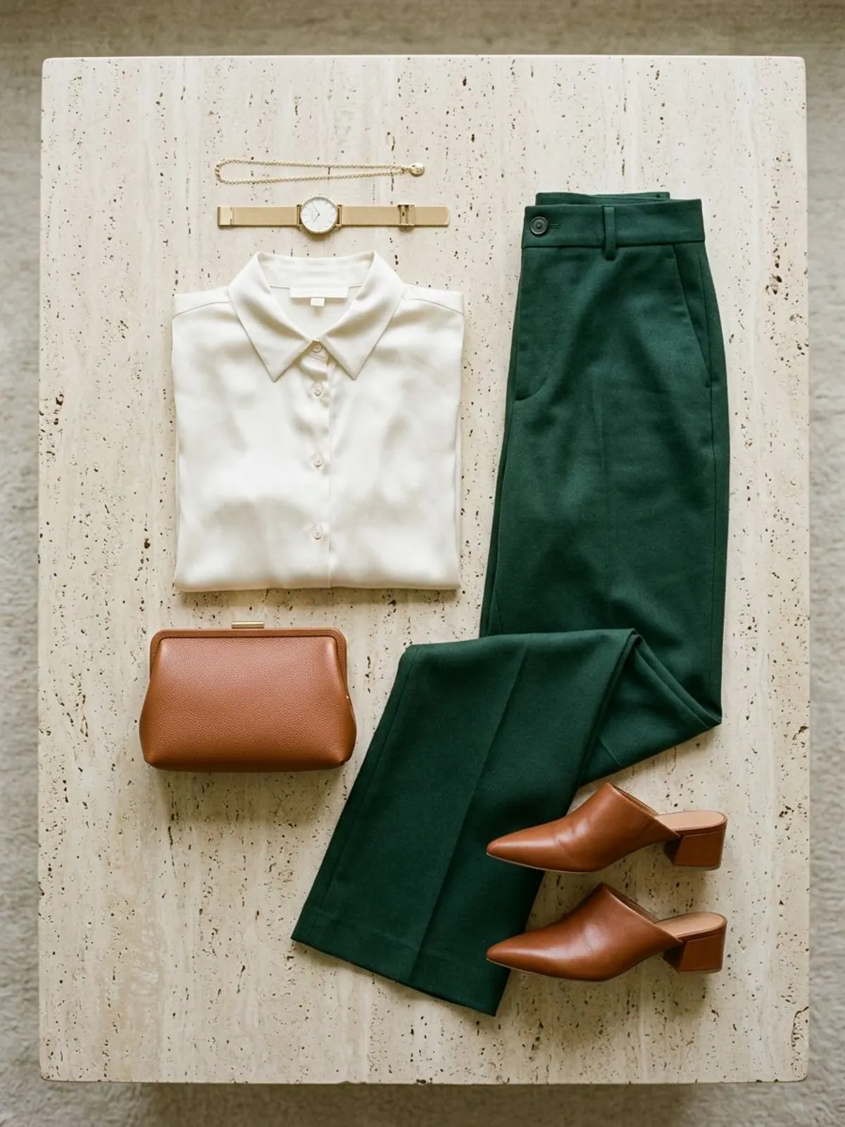Dressy Thanksgiving outfit flat lay with an ivory satin button-up blouse, forest green wide-leg trousers, cognac block-heel mules and gold jewelry on travertine