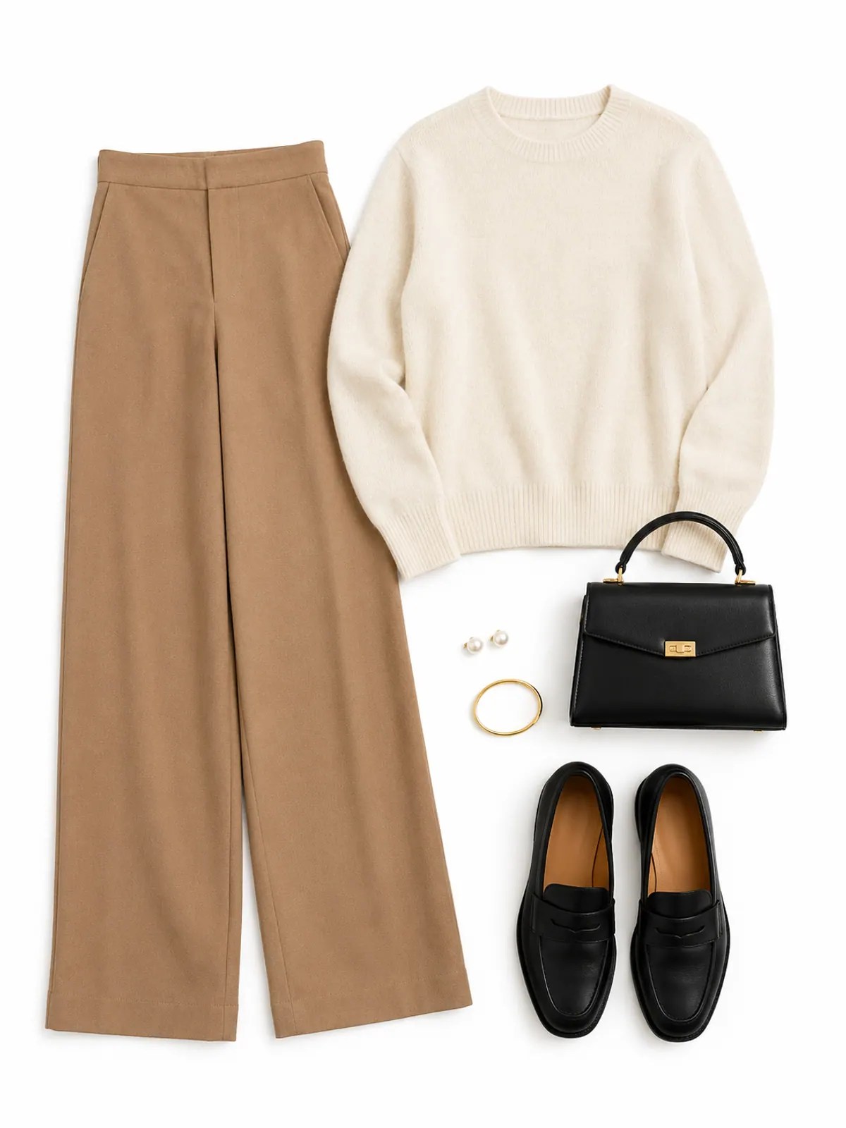 Comfortable Thanksgiving outfit for women: camel pull-on wide-leg trousers, cream crewneck sweater, black loafers, black bag and pearl studs on grey marble