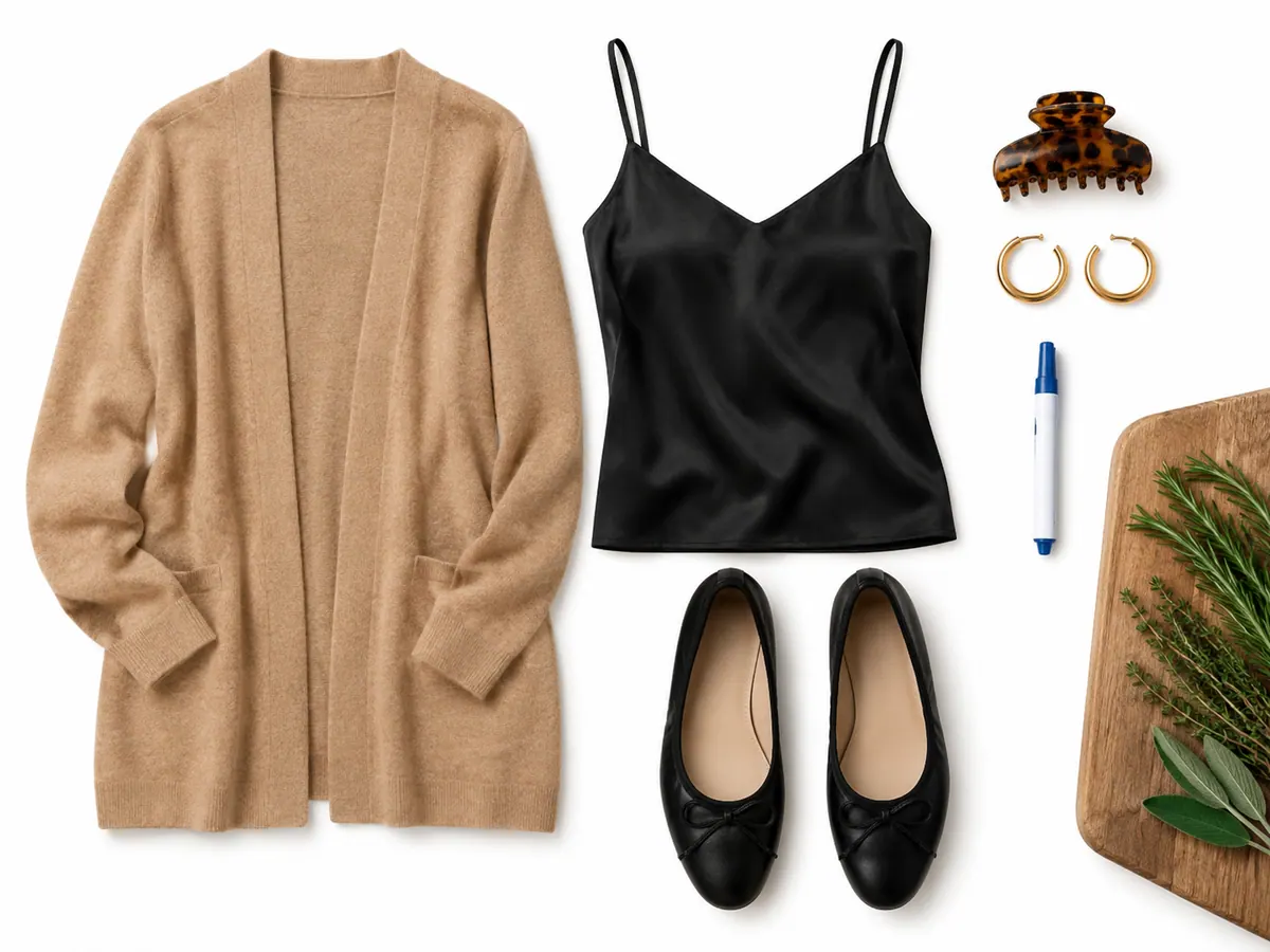 Thanksgiving outfit comfort layers on a kitchen counter: camel open cardigan, black camisole, black ballet flats, stain remover pen, claw clip and gold hoops