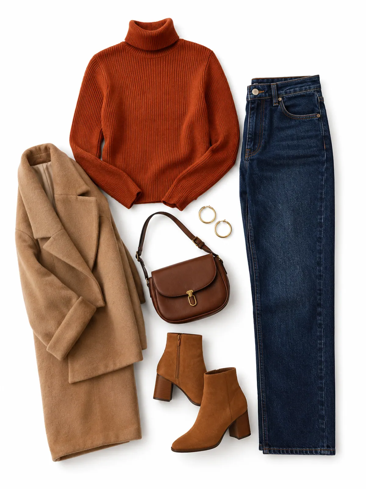 Thanksgiving outfit flat lay with a rust ribbed turtleneck, dark high-rise straight jeans, cognac suede ankle boots, camel coat and gold hoops on cream linen