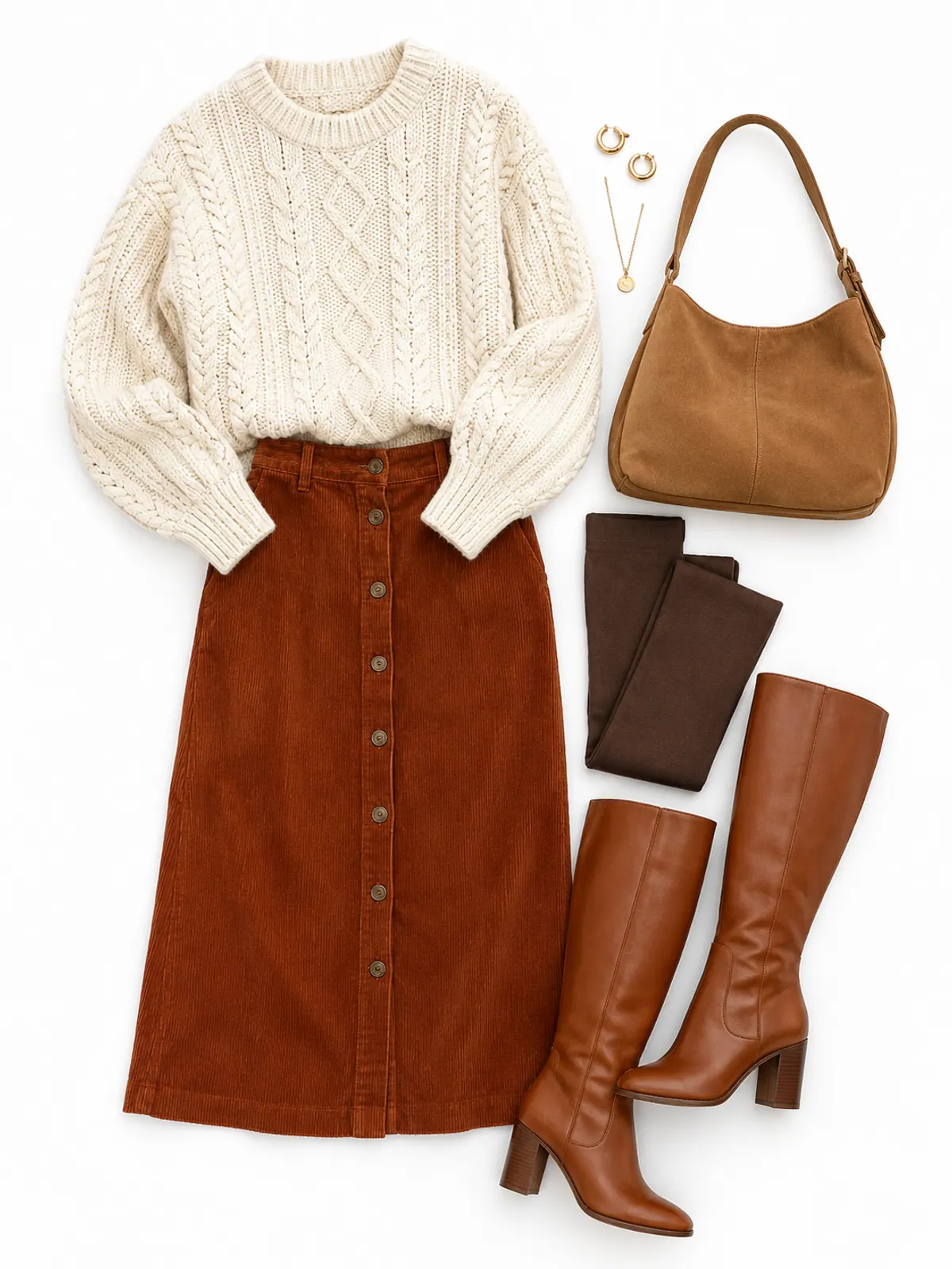Flat lay of a rust corduroy button-front midi skirt, cream chunky cable sweater, brown opaque tights, cognac heeled knee boots, a tan hobo bag and a gold pendant