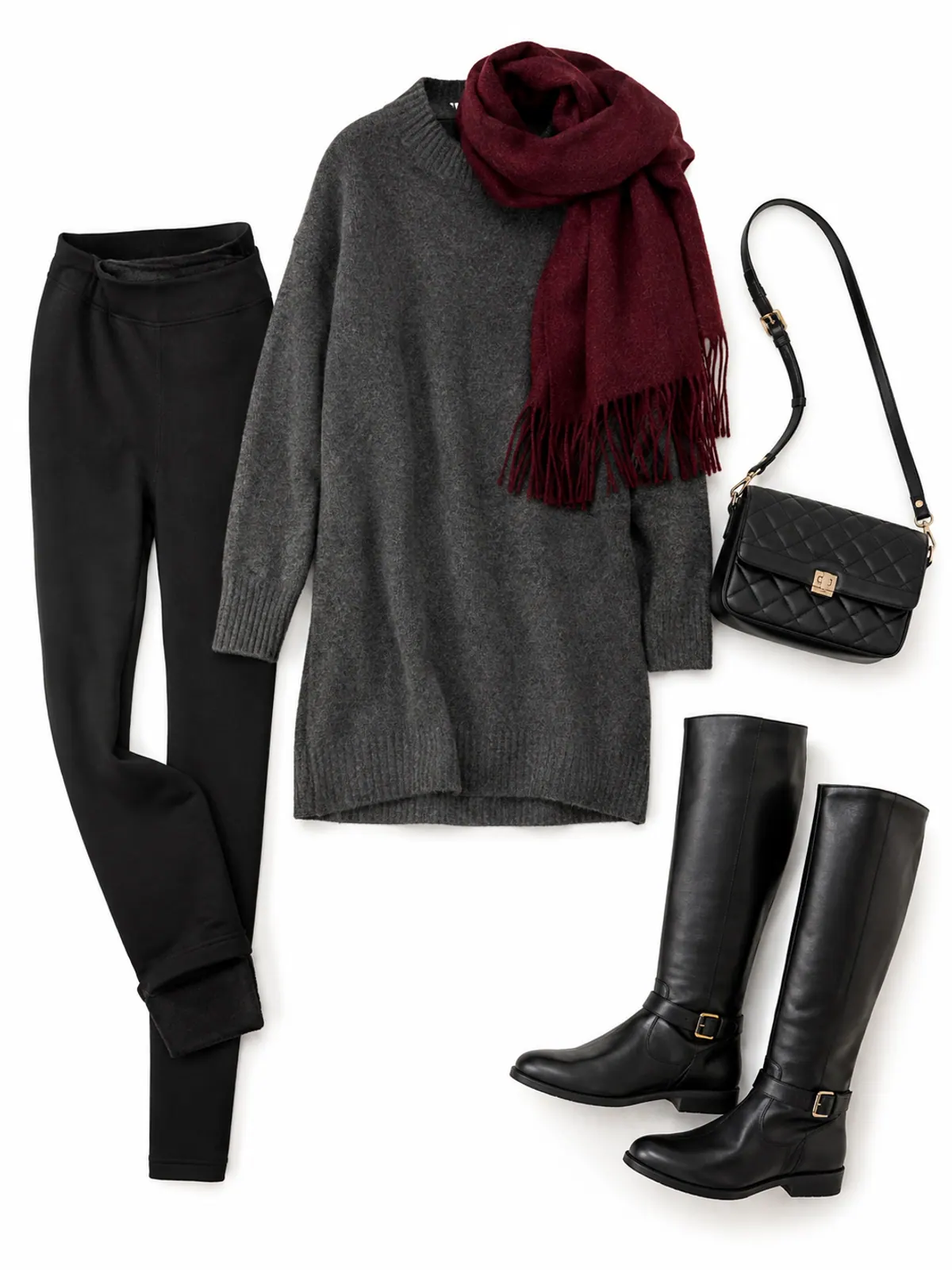 Flat lay of black fleece-lined leggings, a long charcoal tunic sweater, a burgundy wool scarf, black leather riding boots and a quilted black crossbody bag