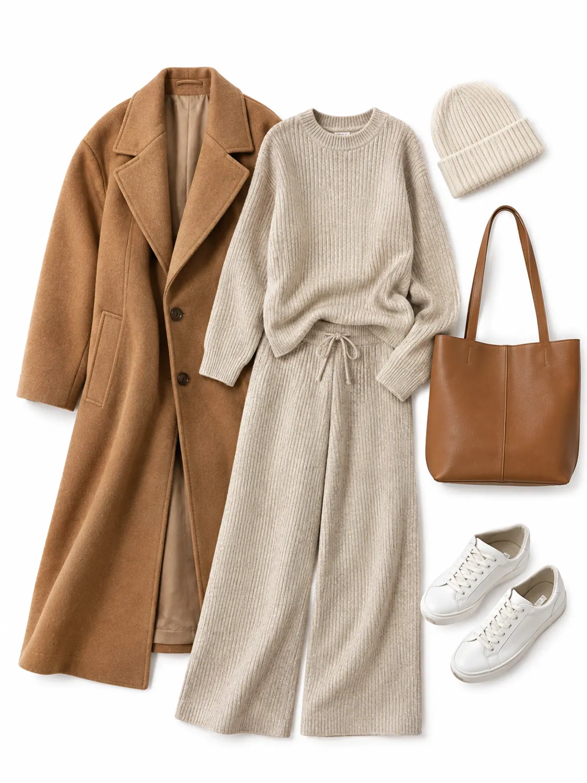 Cozy winter outfit flat lay of an oatmeal rib-knit sweater and wide-leg pant set, a long camel coat, white leather sneakers, an ivory beanie and a tan tote