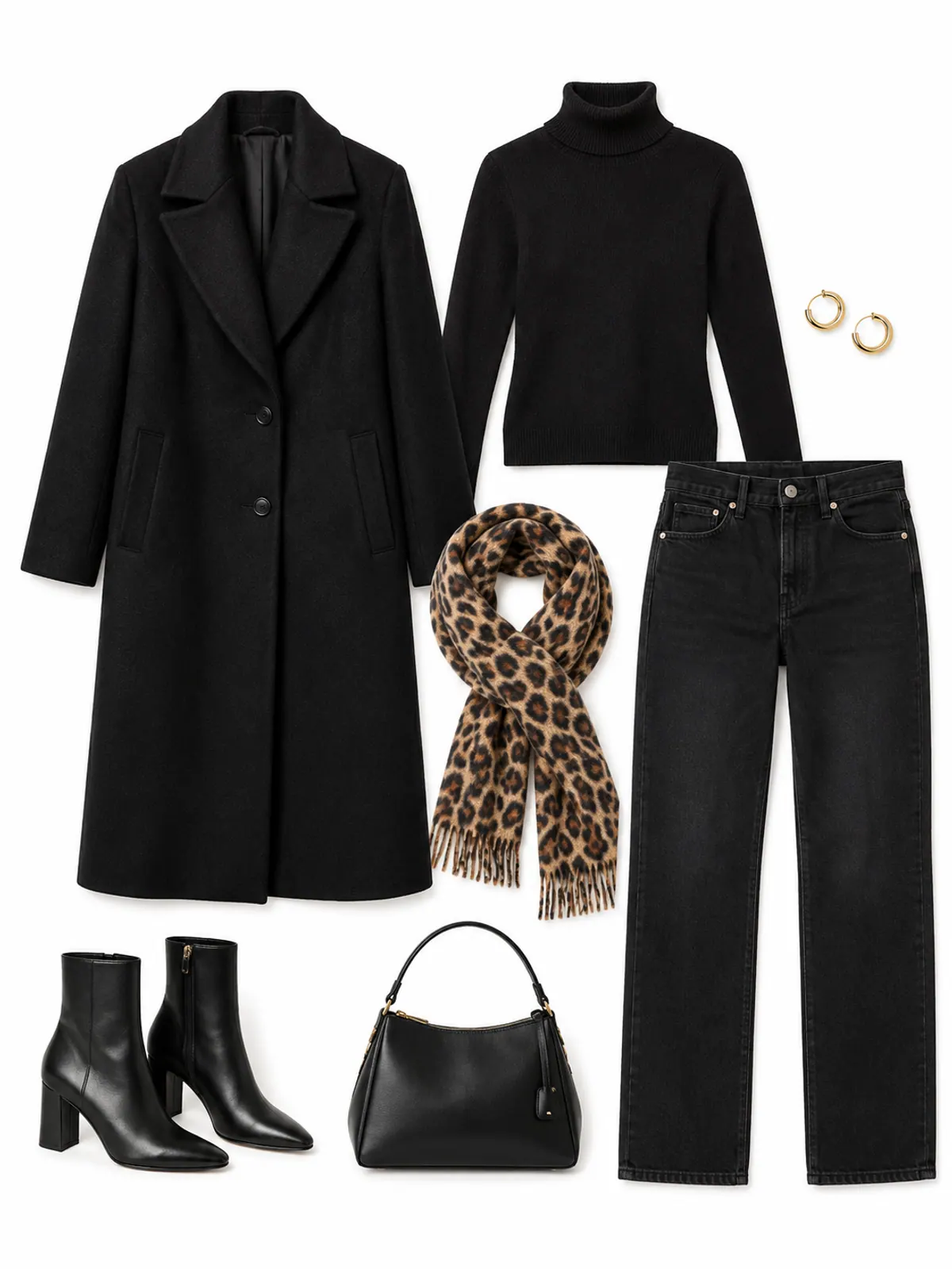 Flat lay of a long black wool coat, black turtleneck, black straight jeans, a leopard print scarf, black heeled ankle boots, a black shoulder bag and gold hoops
