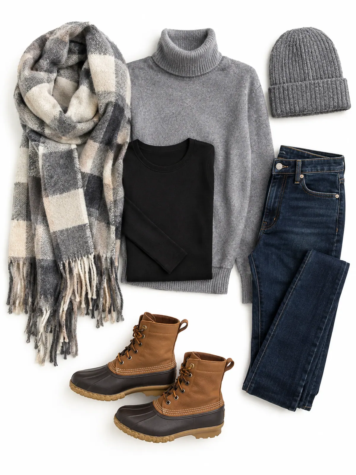 Flat lay of a gray and cream plaid blanket scarf, gray turtleneck, black tee, dark straight jeans, a gray beanie and tan and brown duck boots
