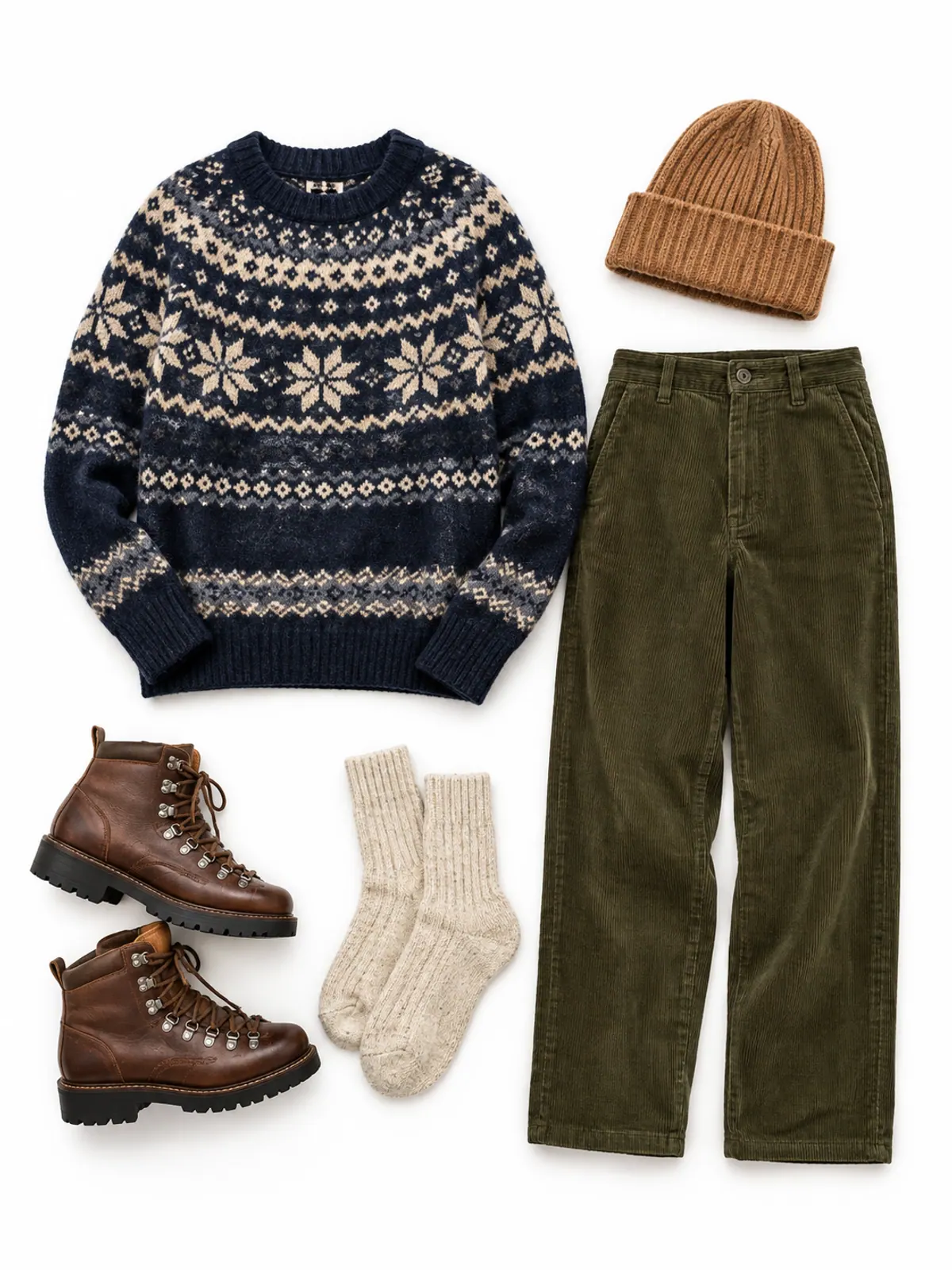 Flat lay of a navy and cream Fair Isle sweater, olive corduroy wide-leg pants, brown lace-up hiking boots, oatmeal wool socks and a rust knit beanie