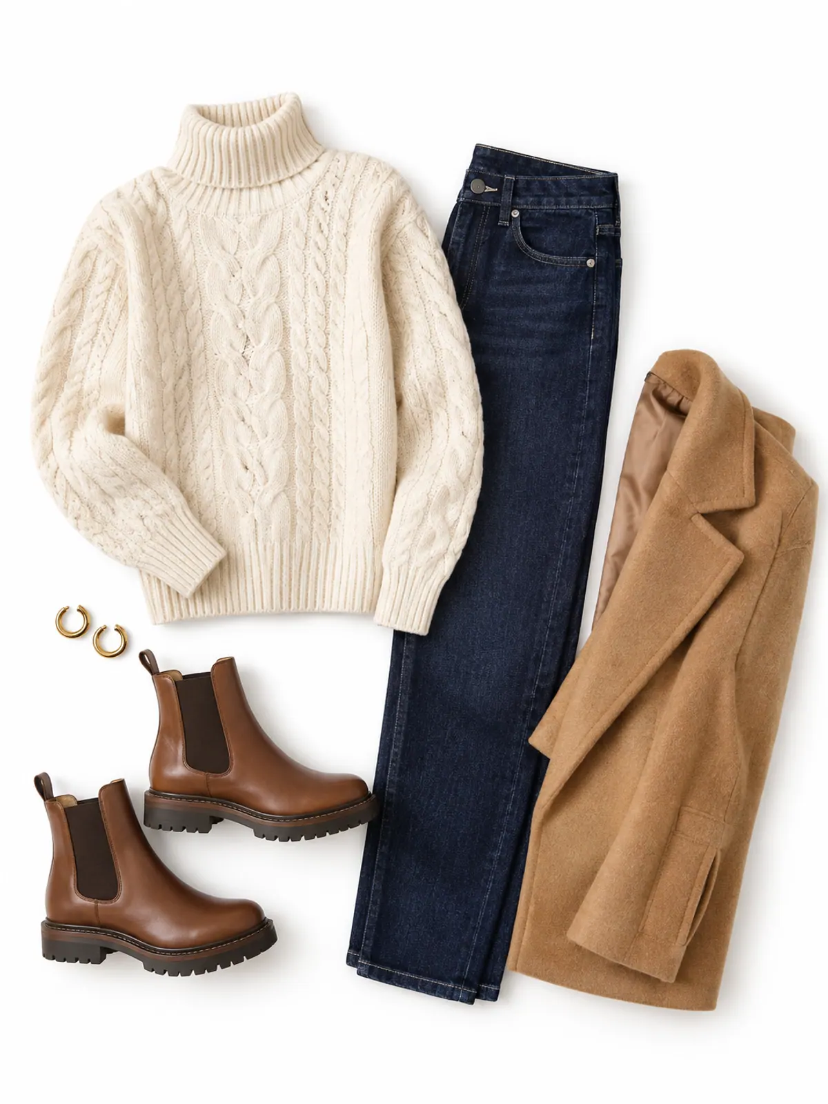 Flat lay of a cream cable-knit turtleneck, dark straight jeans, cognac lug-sole Chelsea boots, a camel wool coat and small gold hoops