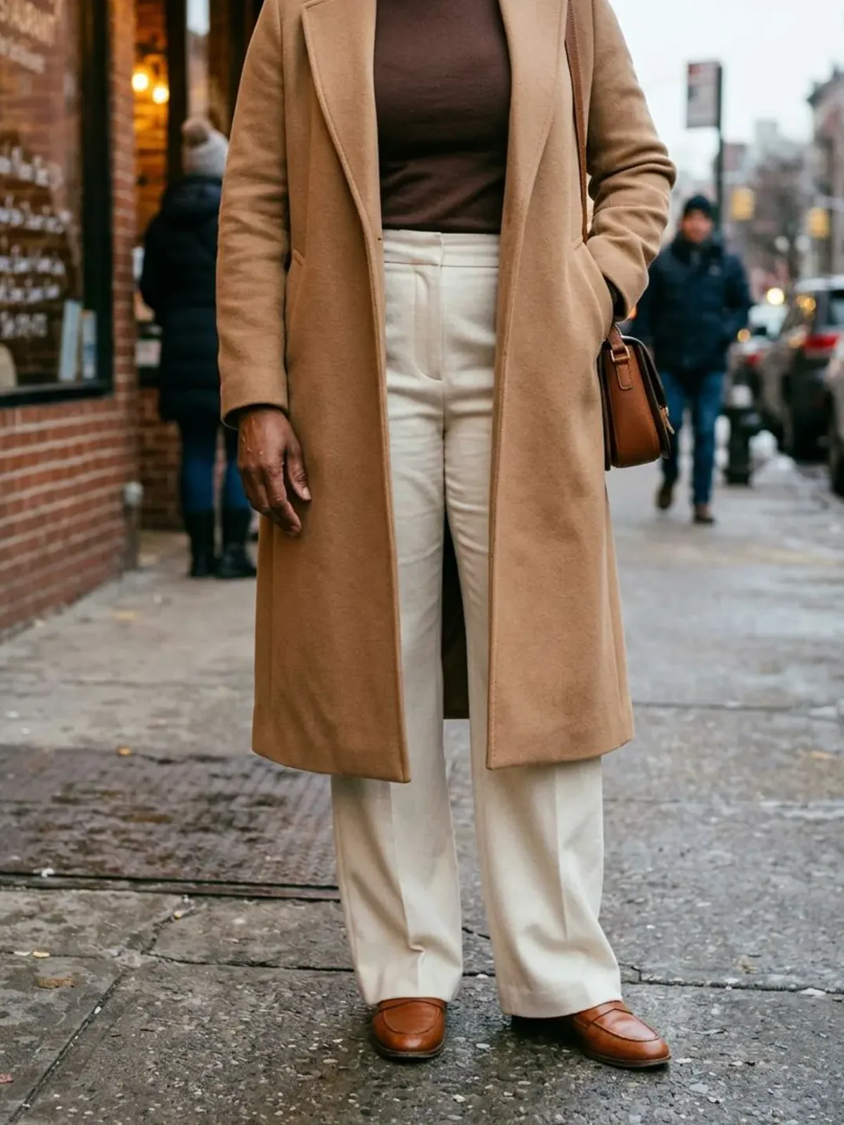 Neck-down view of a woman in her 50s on a winter city street in a long camel coat, chocolate brown turtleneck, cream wide-leg trousers and brown leather loafers with a cognac bag