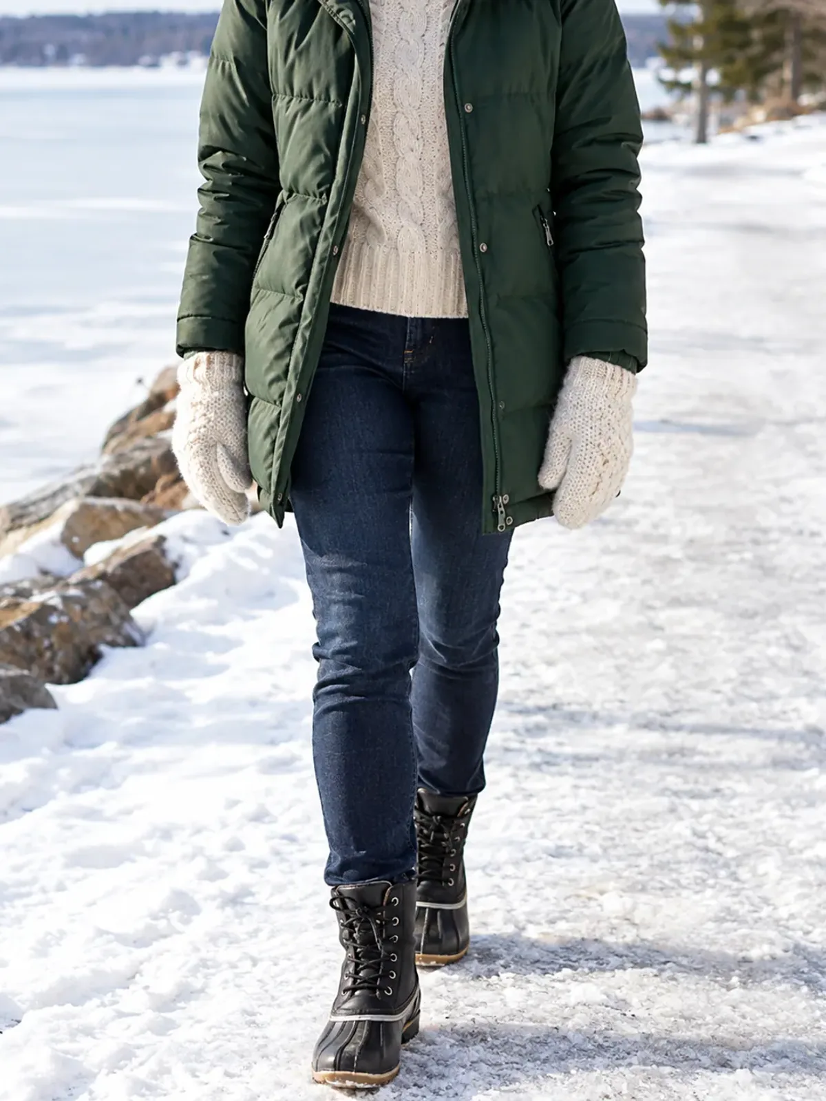 Neck-down view of a woman in her 50s on a snowy lakeside path in a dark green hooded down parka, cream cable turtleneck, white knit mittens, dark jeans and black and tan duck boots