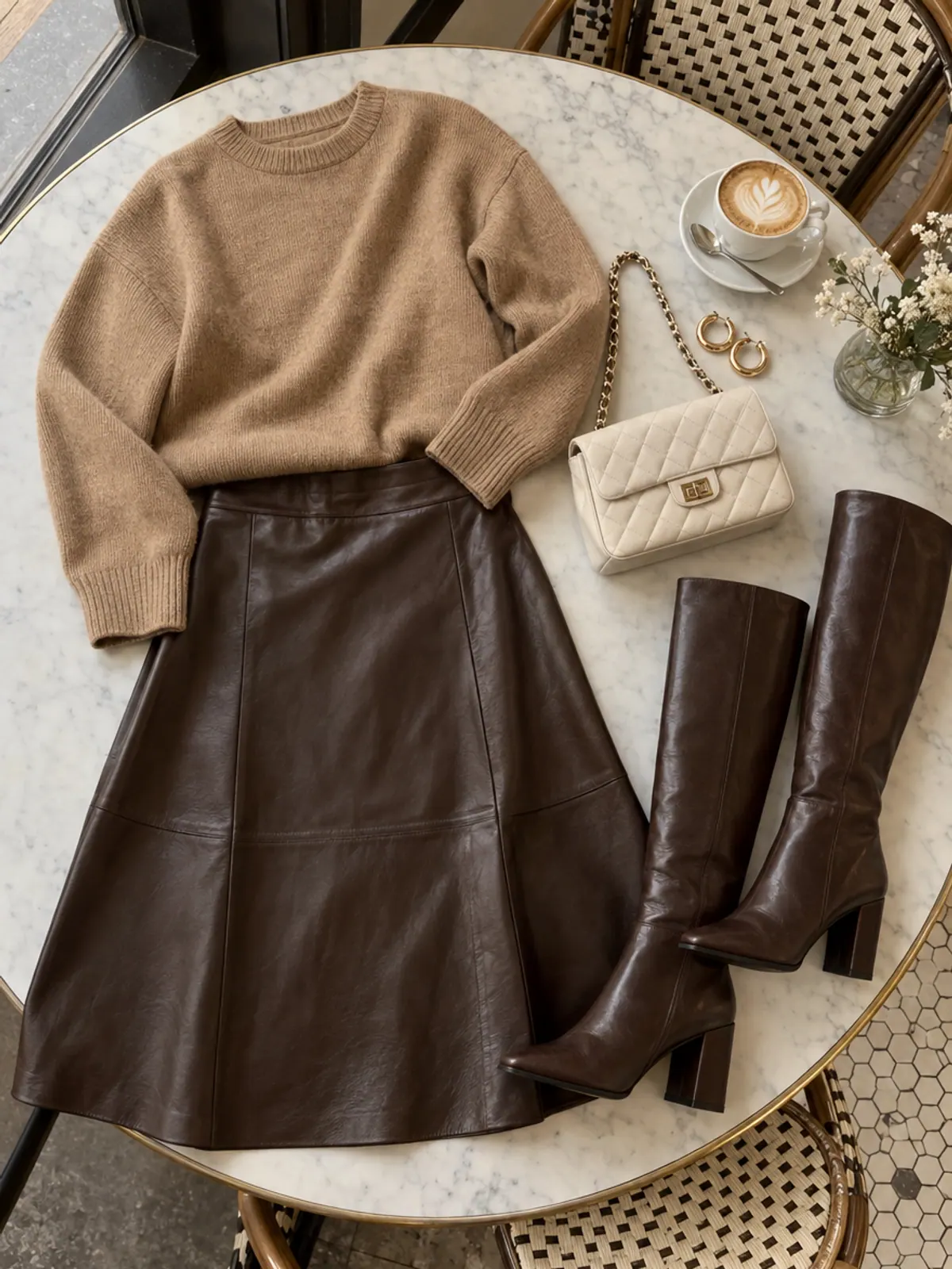 Chocolate faux leather A-line midi skirt, camel crewneck sweater, brown knee boots and a quilted cream bag laid on a marble cafe table beside a latte