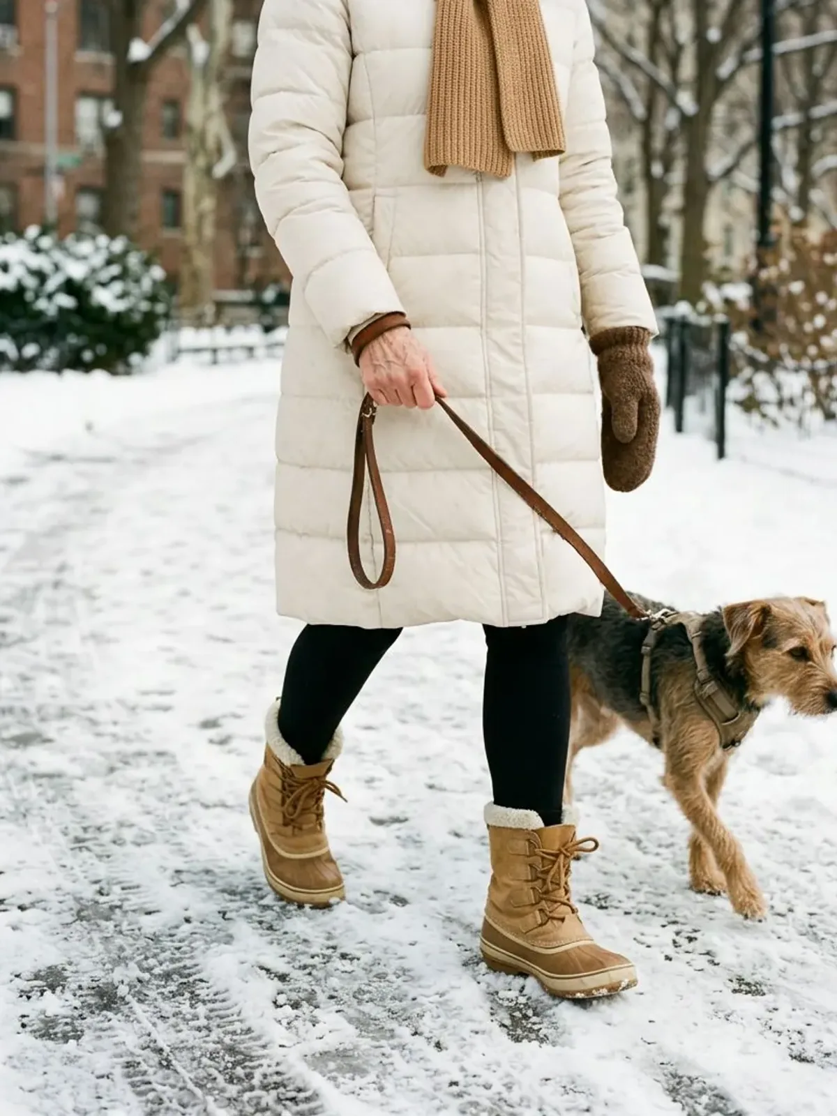 Neck-down view of a woman in her 50s walking a scruffy terrier in a snowy park in a long cream puffer coat, camel scarf, brown mittens, black leggings and tan lace-up snow boots