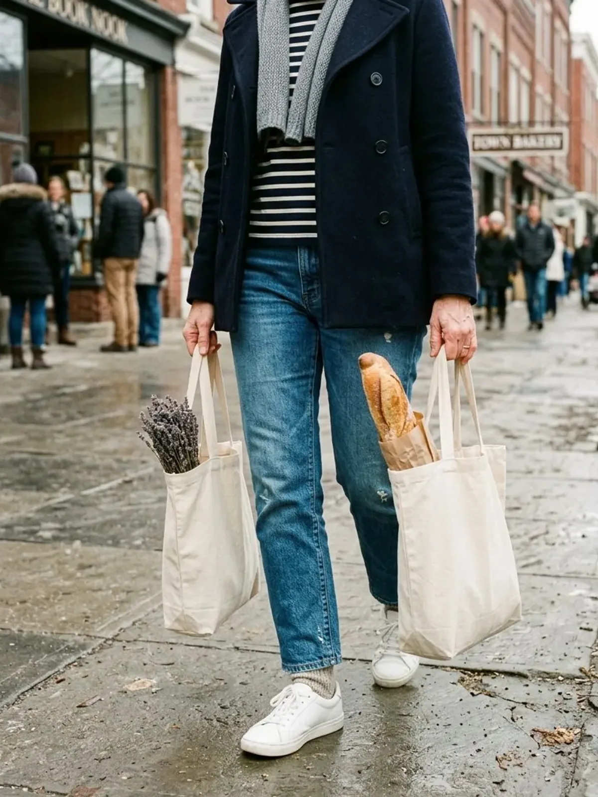 Neck-down view of a woman in her 50s on a city sidewalk in a navy peacoat, gray scarf, navy and white striped top, straight blue jeans and white sneakers, carrying two canvas market totes