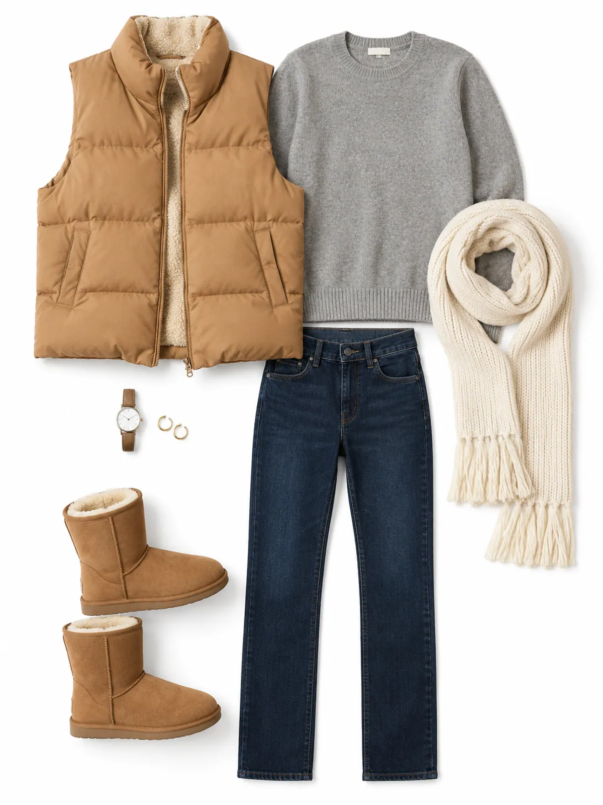 Flat lay of a camel puffer vest with a fleece-lined collar, gray crewneck sweater, cream knit scarf, dark straight jeans, tan shearling boots and a slim watch