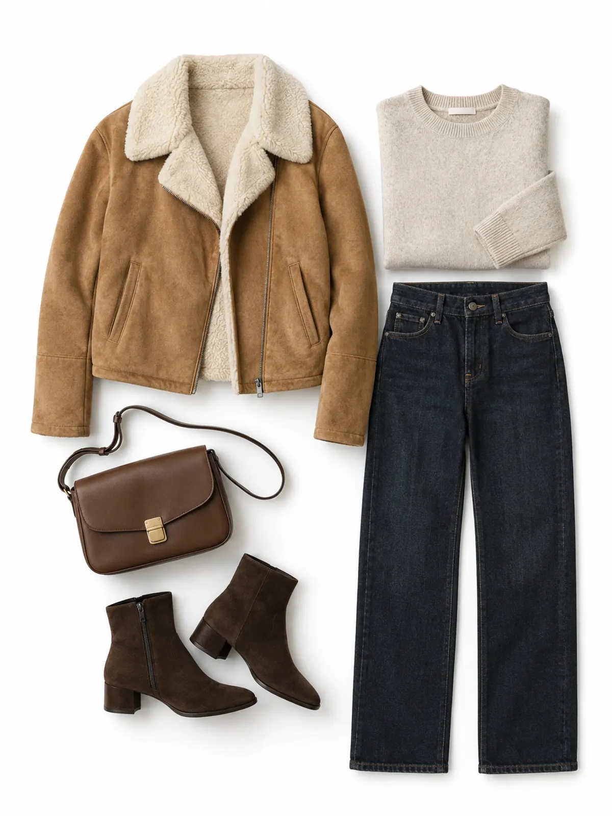 Flat lay of a tan suede jacket with a cream shearling collar, oatmeal crewneck sweater, dark straight jeans, chocolate suede ankle boots and a brown leather crossbody bag