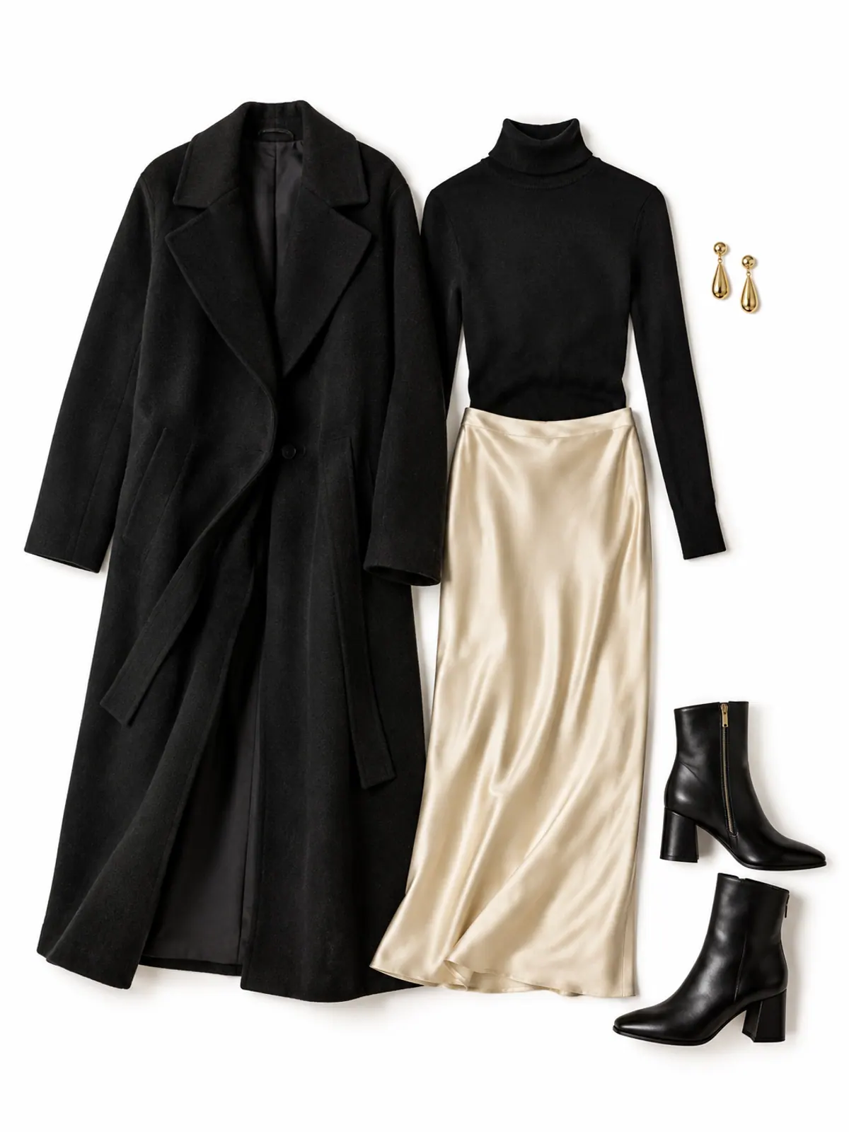 Flat lay of a black fine-knit turtleneck, champagne satin slip midi skirt, long black wool coat, black heeled ankle boots and gold drop earrings