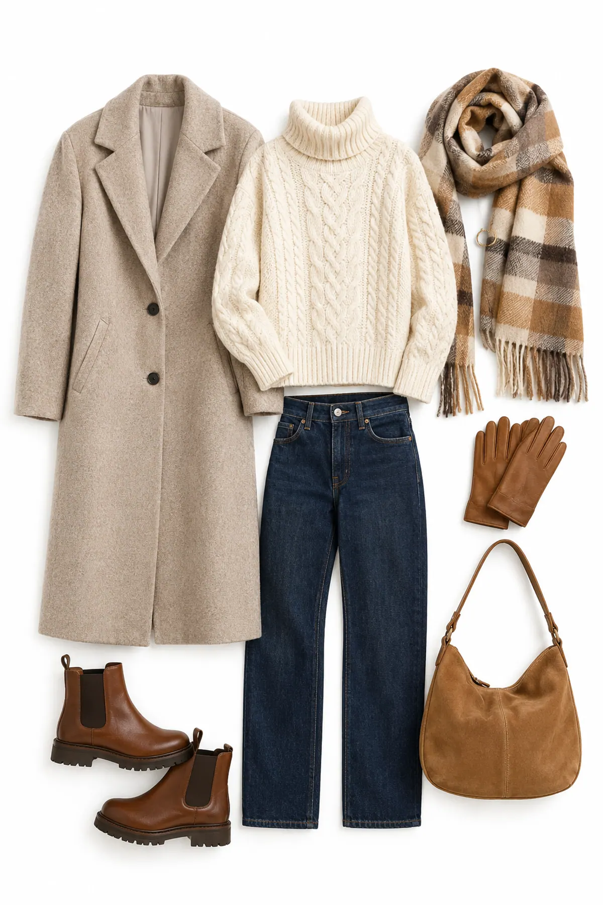 Winter outfits for women flat lay: an oatmeal wool coat, cream cable-knit turtleneck, dark straight jeans, a camel plaid scarf, brown leather gloves, cognac Chelsea boots and a suede hobo bag