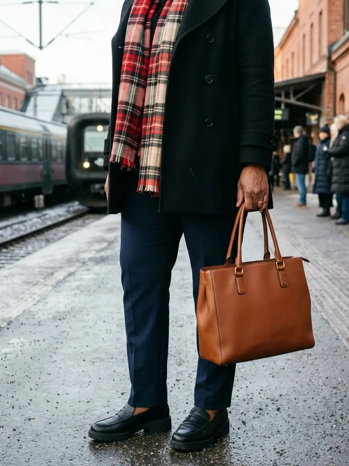Neck-down view of a woman in her mid 40s on a train platform in a black wool coat, red and black plaid blanket scarf, navy trousers and black lug-sole loafers with a cognac work bag