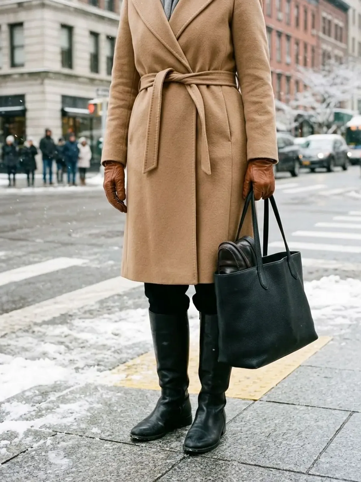 Neck-down view of a woman in her late 50s at a snowy crosswalk in a belted long camel wrap coat, black trousers tucked into black riding boots, carrying a tote with loafers inside