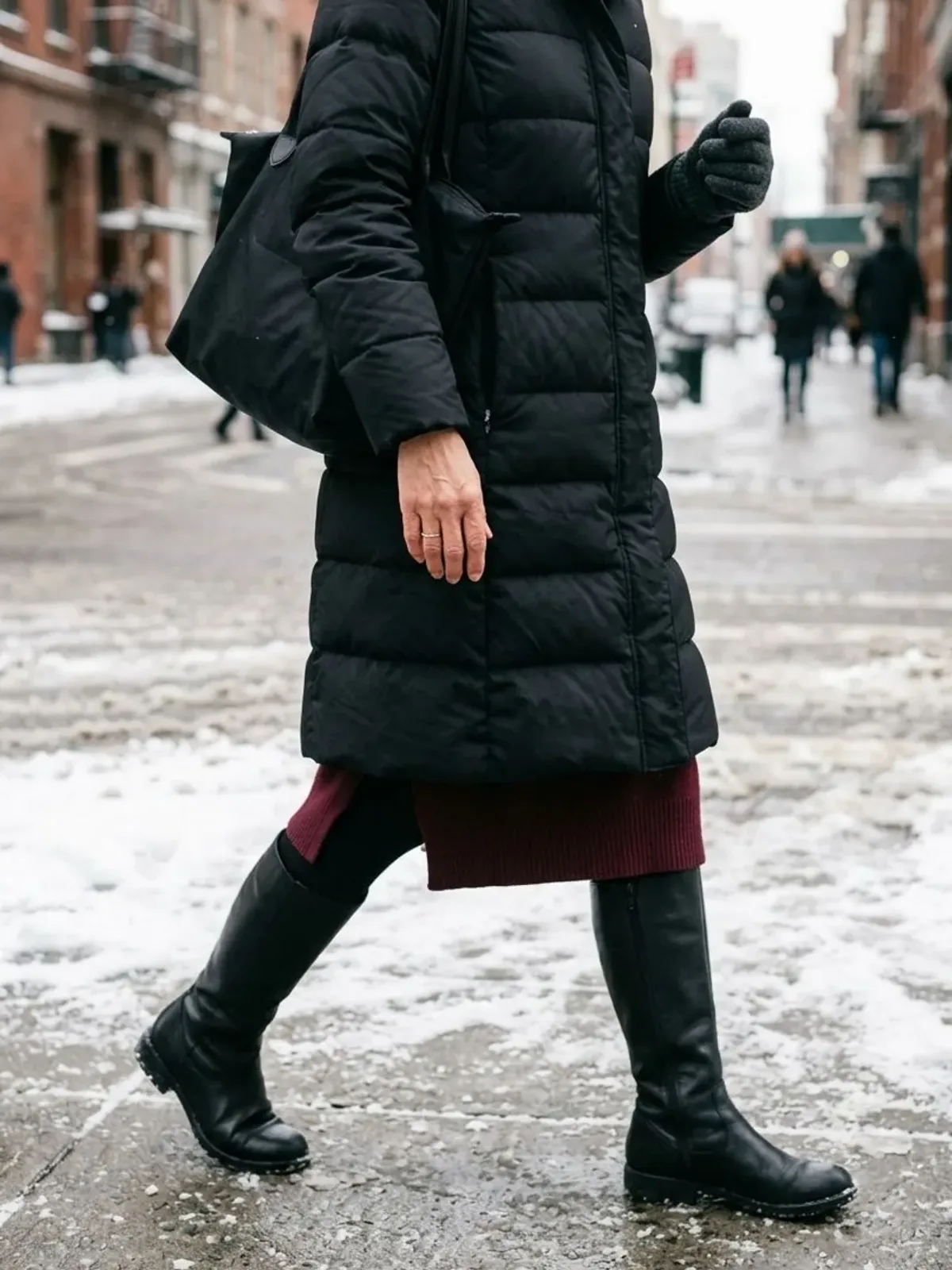 Neck-down view of a woman in her early 50s on a snowy sidewalk in a long black down puffer coat over a burgundy knit midi dress, black tights and waterproof knee boots