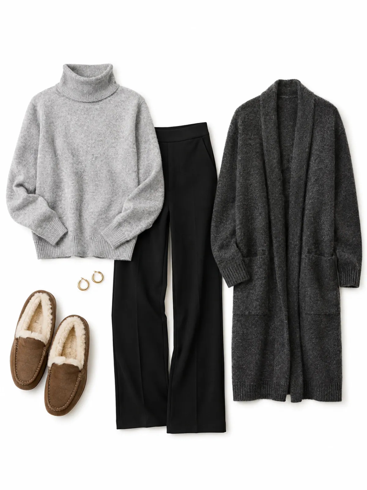 Winter work-from-home outfit of a grey cashmere-blend turtleneck, black ponte pull-on trousers, shearling slipper loafers, gold hoops and a long charcoal cardigan on a home office chair